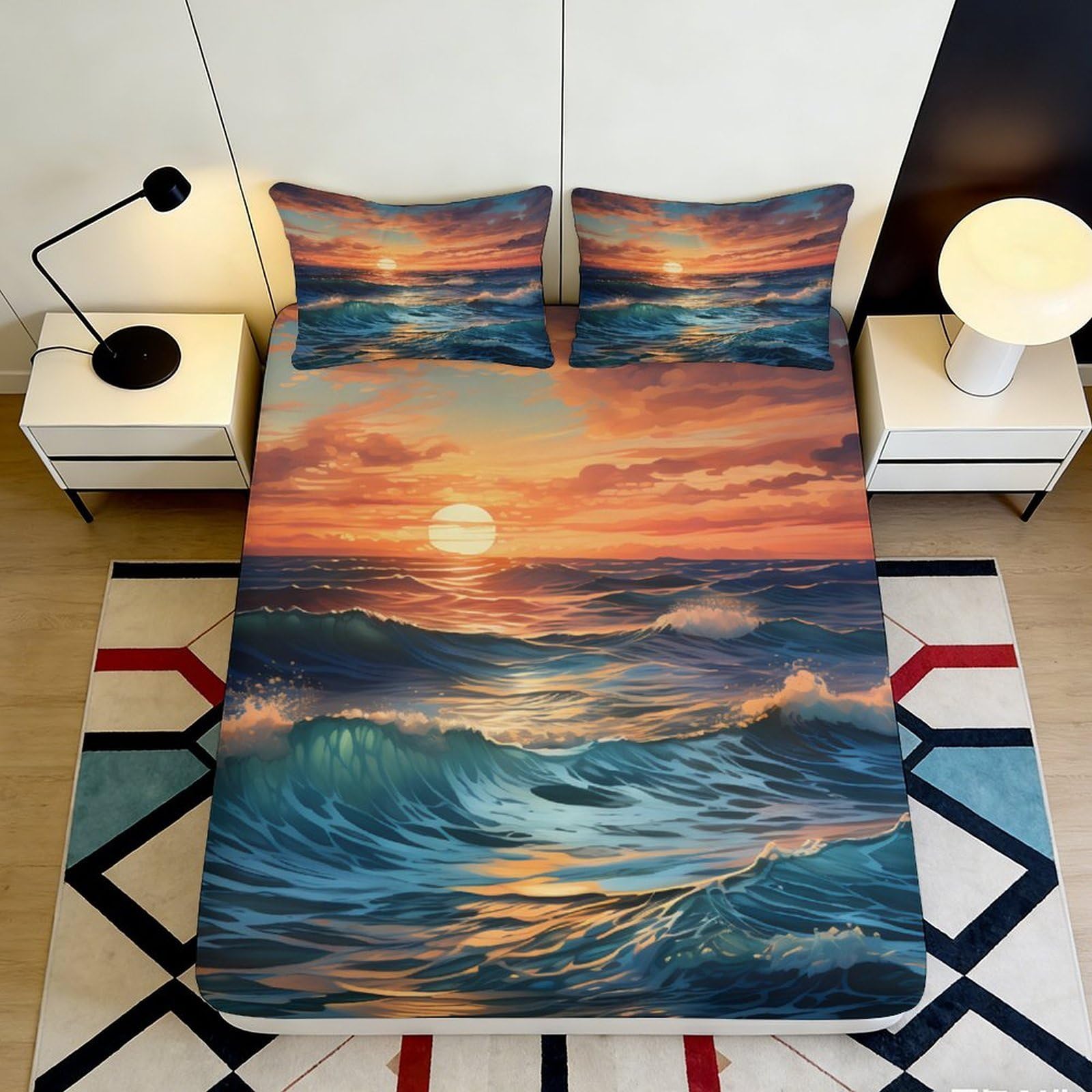 3D Printed Sunset Ocean Fitted Sheet Microfiber Soft Breathable Wave Mattress Cover for Bedroom Dorm Decor 90x200x25cm