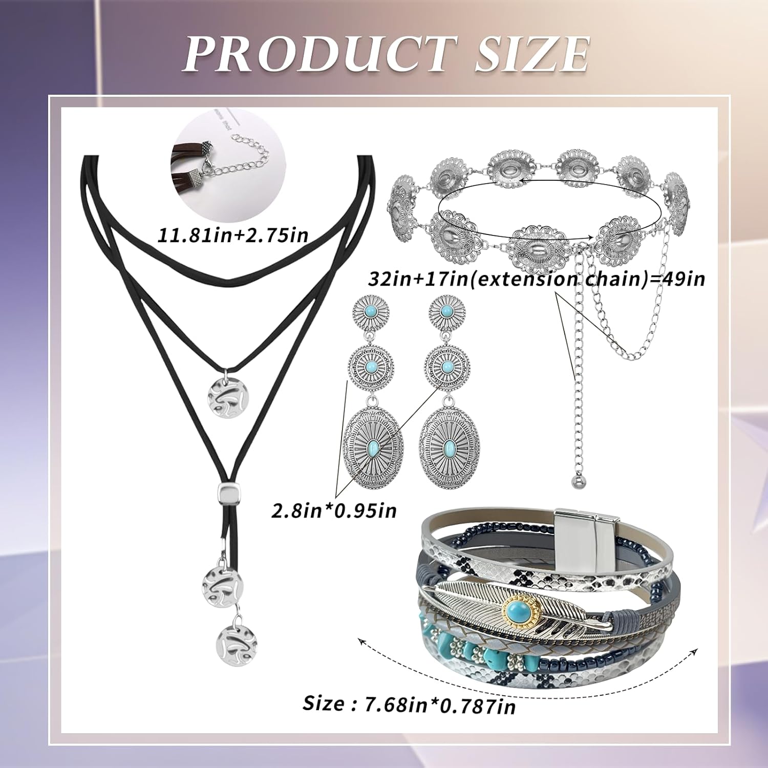 Western Accessories Cowgirl Jewelry Set Western Metal Concho Belt Earrings Boho Faux Leather Leopard Multi-Layer Crystal Bracelets Layered Necklaces Vintage Country Concert Jewelry Gifts - Image 4