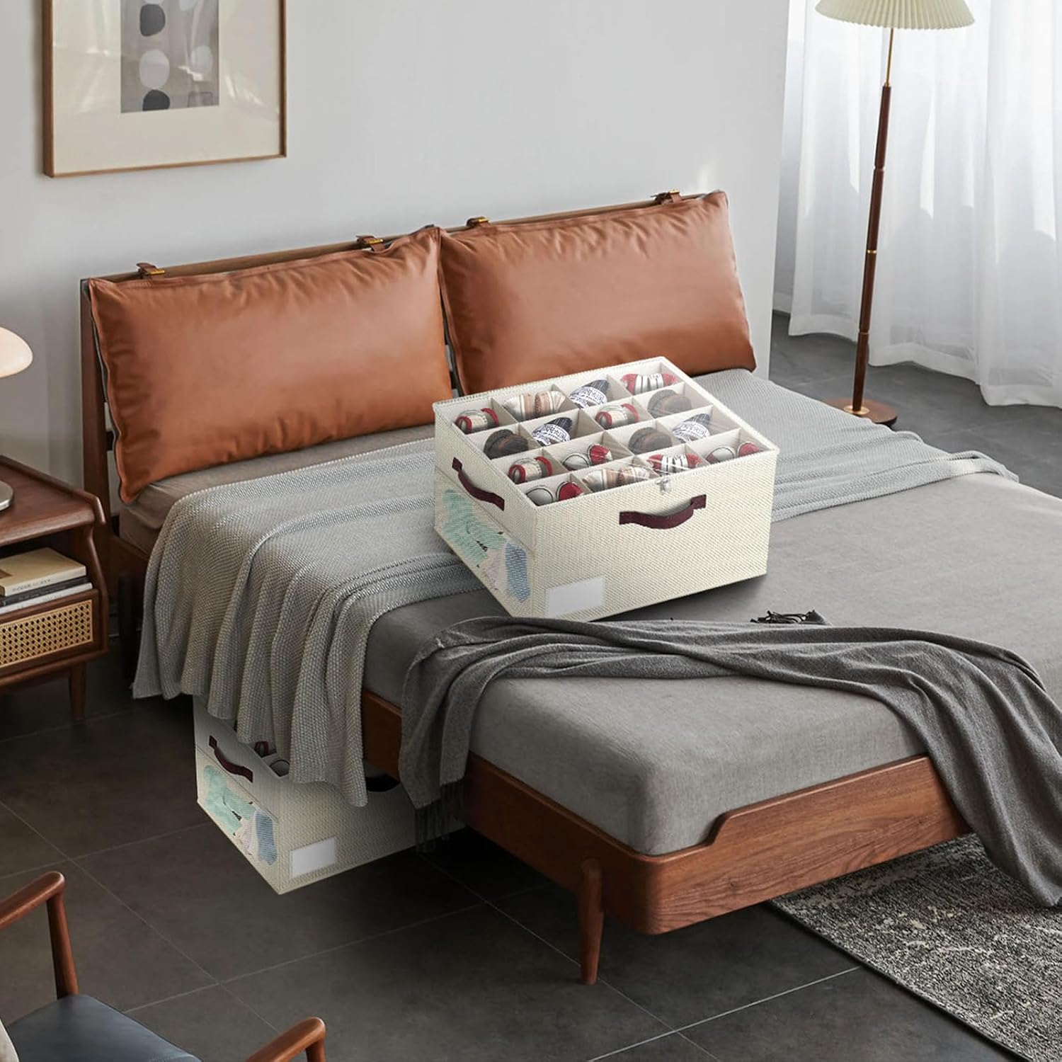 2 Pack Large Shoe Organizer for Closet, Adjustable Dividers Shoe Storage Bins Boxes, Foldable Shoe Holder Cube Containers with Clear Cover for Men’s Shoes, High Heel,Sneaker,Slippers,Boots(Beige)