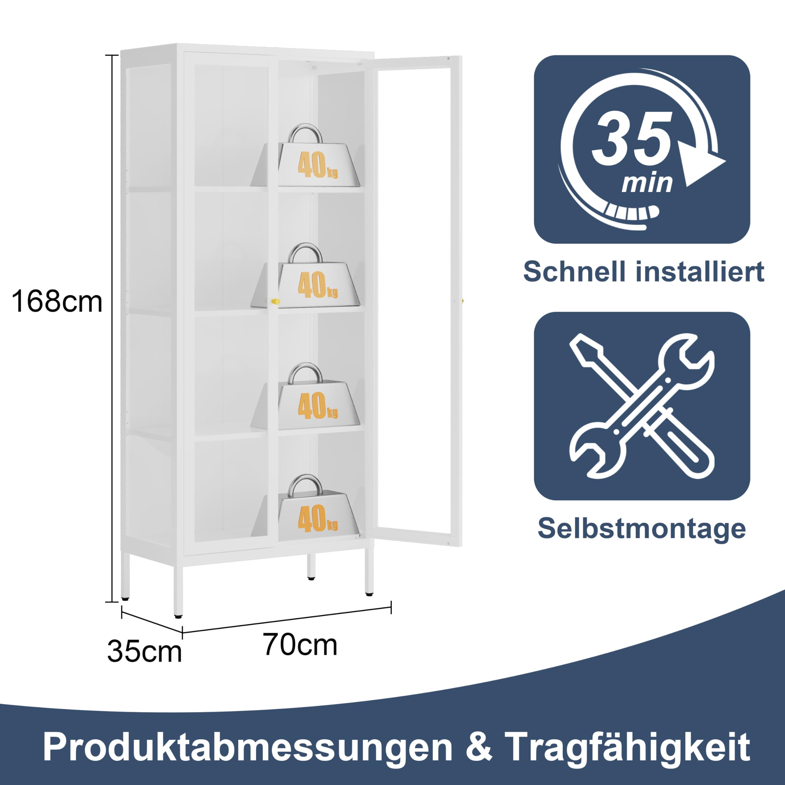 Vitrine mit Glastüren, 168x70x35cm Glasvitrine Stehend mit 3 höhenverstellbaren Fachböden, Vitrinenschrank Sammlervitrine Glasschrank für Wohnzimmer Schlafzimmer Wein Büro, Weiß