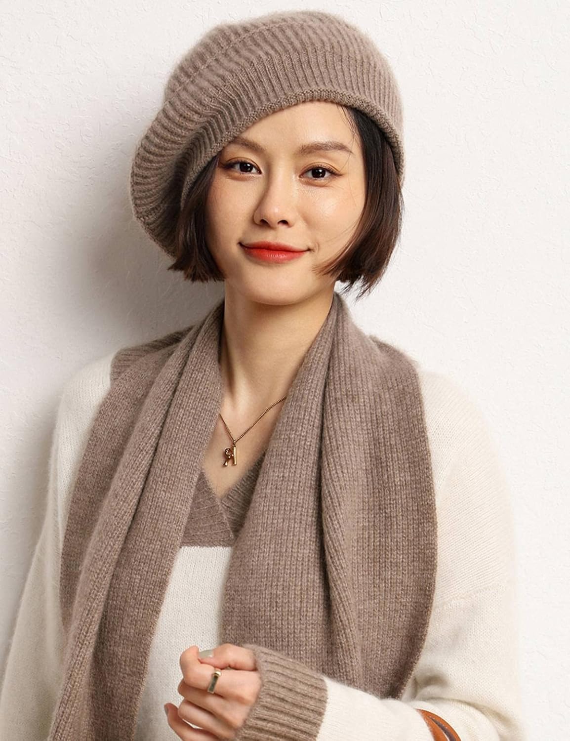 Ailaile Cashmere Berets Hats Women Winter Warm Merino Wool Knitted Oversized Beige Beanie - Image 2