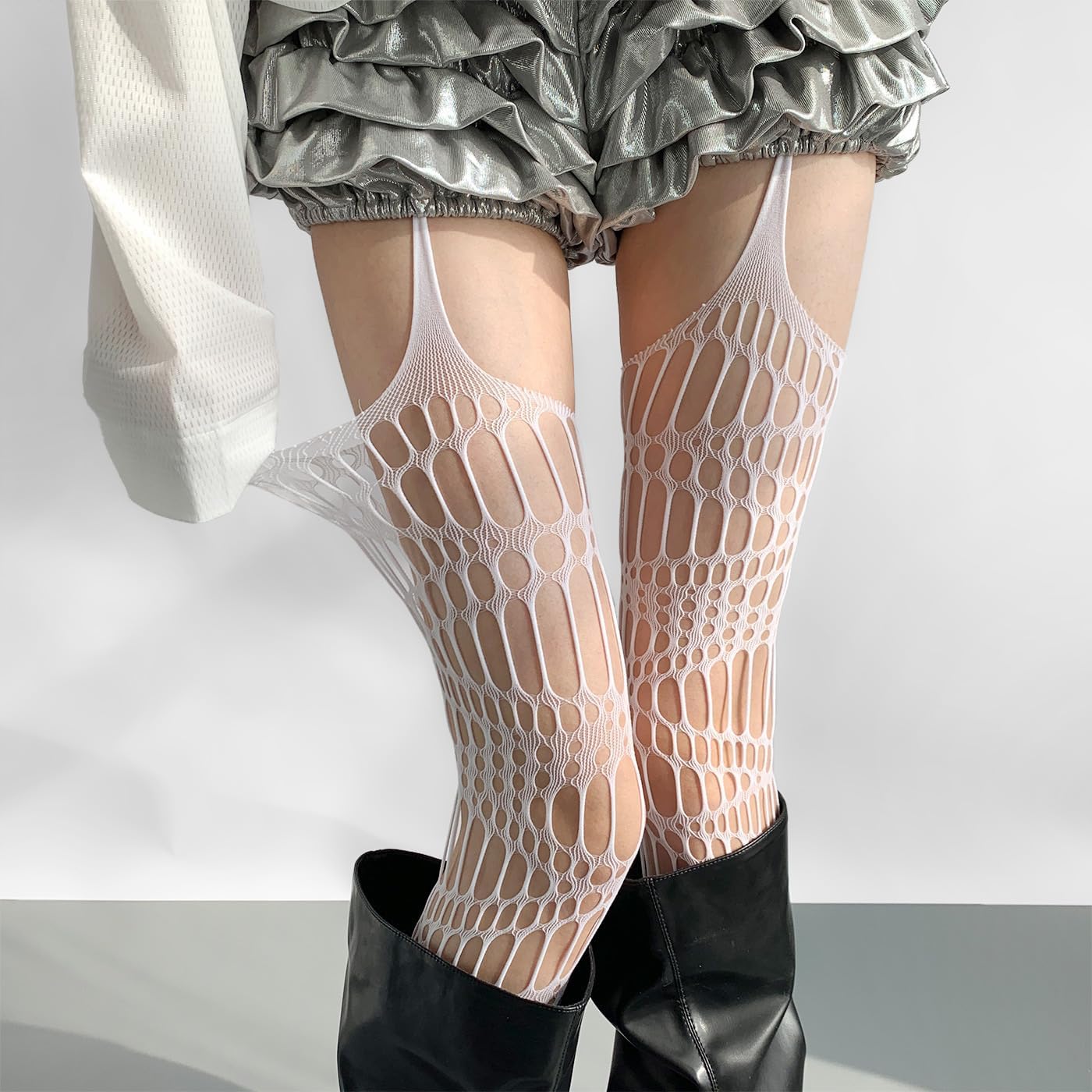 Punk Ripped Fishnet Tights Garter Tights for Women- Gothic Hollow Out Stockings Goth Accessories