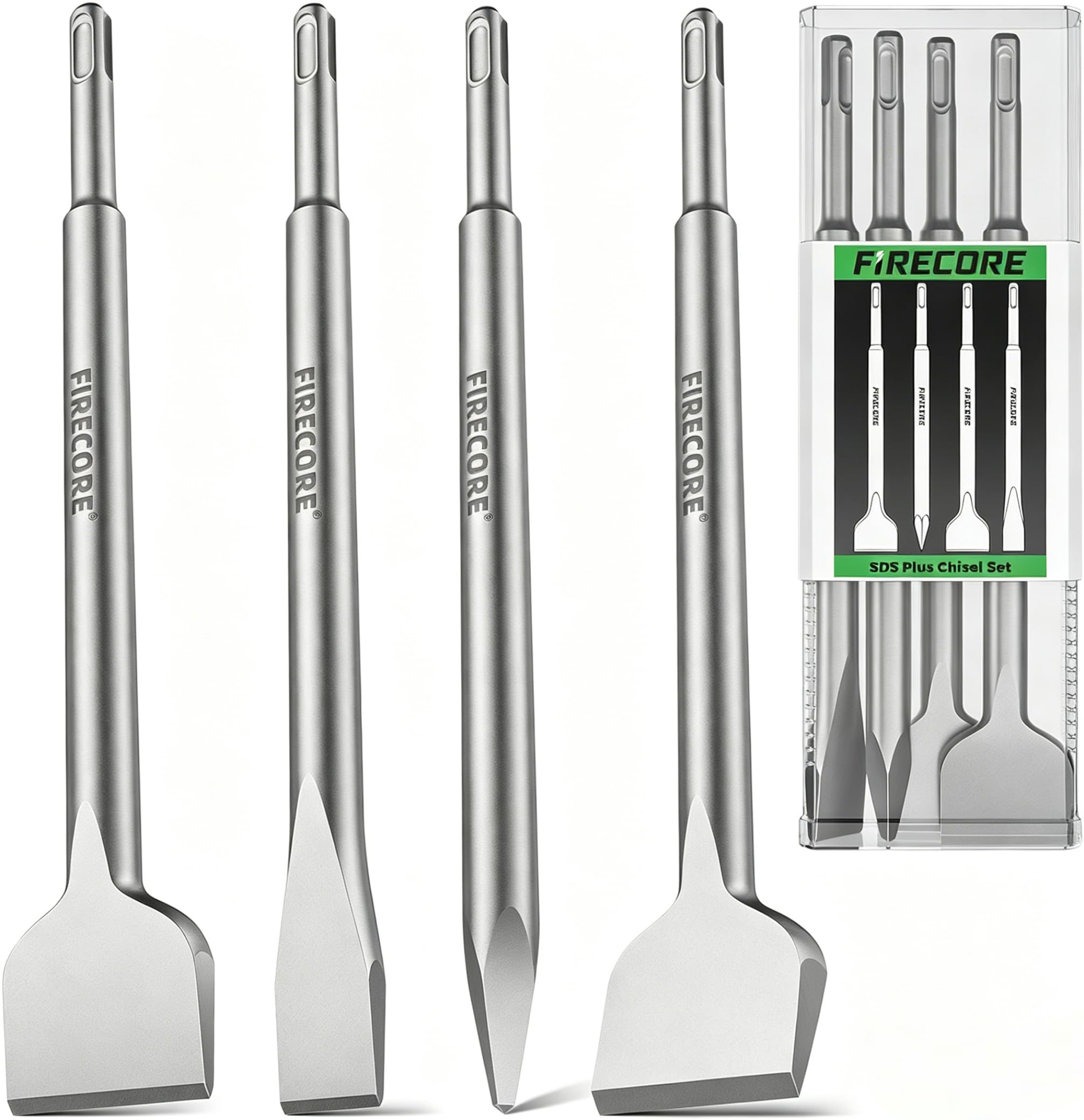 Firecore Juego de 4 Cincels SDS Plus para Quitar Azulejos y Hormigón – Set de Cincel para Martillo Percutor y Taladro, Largo 250 mm (Punta, Anchos 20,50,50 mm)