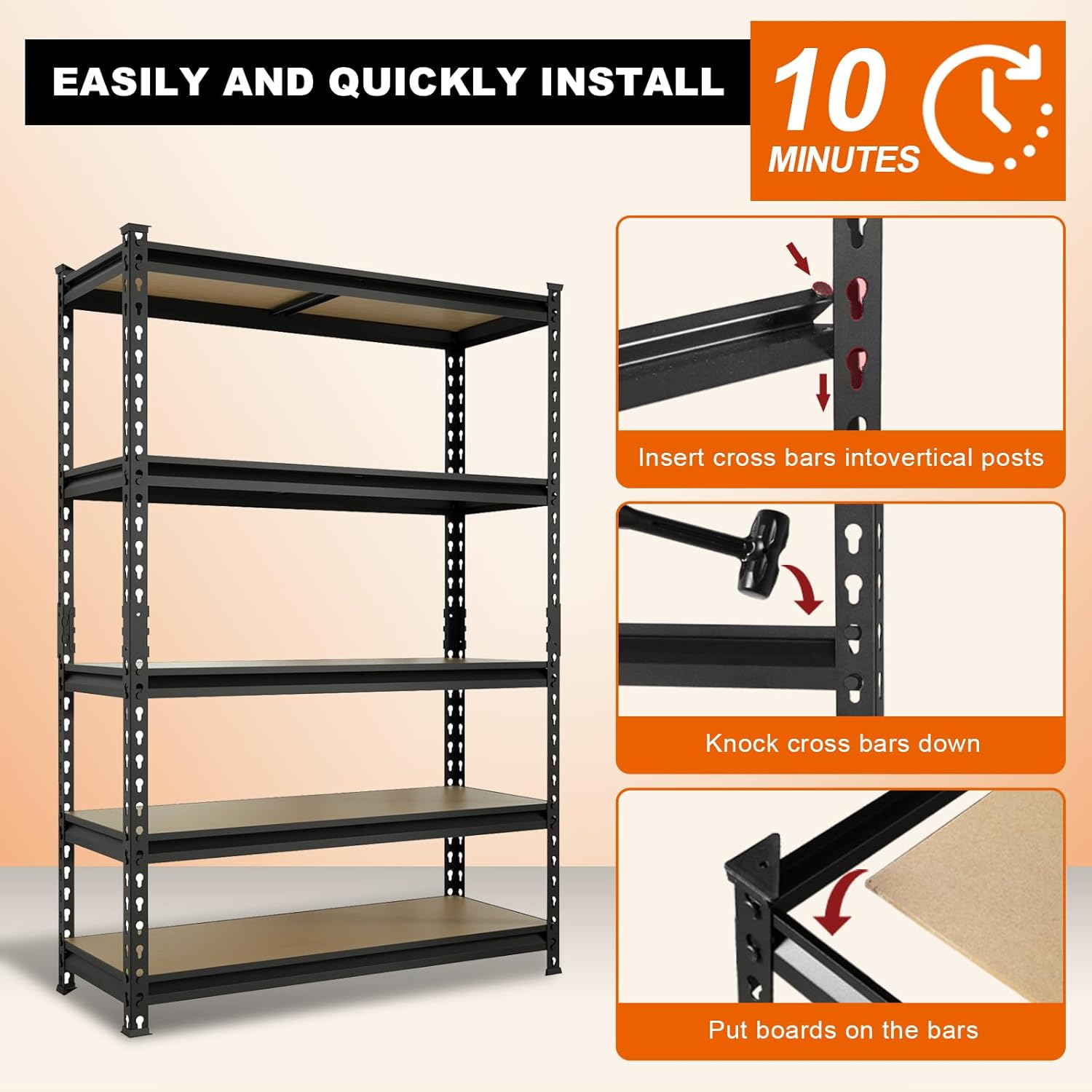 Big RED Storage Shelving Unit, 5-Tier Adjustable, Heavy Duty Metal Garage Shelves/Utility Rack for Kitchen, Pantry, Basement, Bathroom, Laundry - 2,000 lbs Capacity, Black, 72" H x 48" W x 18" D