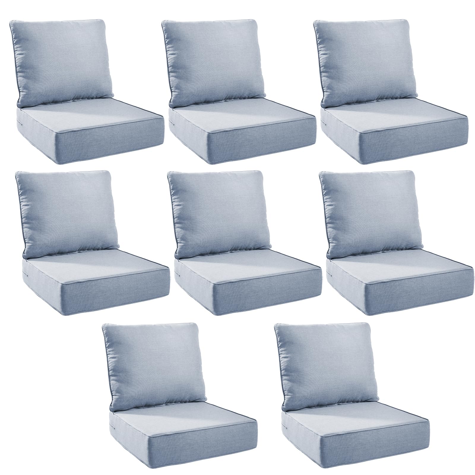 Outdoor Cushion Set for Patio Furniture, UV Resistant, Water Resistant - 6 Inch Thick Foam Garden Cushions– 24x24 Inch Patio Seat Covers for Chair/Sofa/Couch | Baby Blue | 8-Pack |