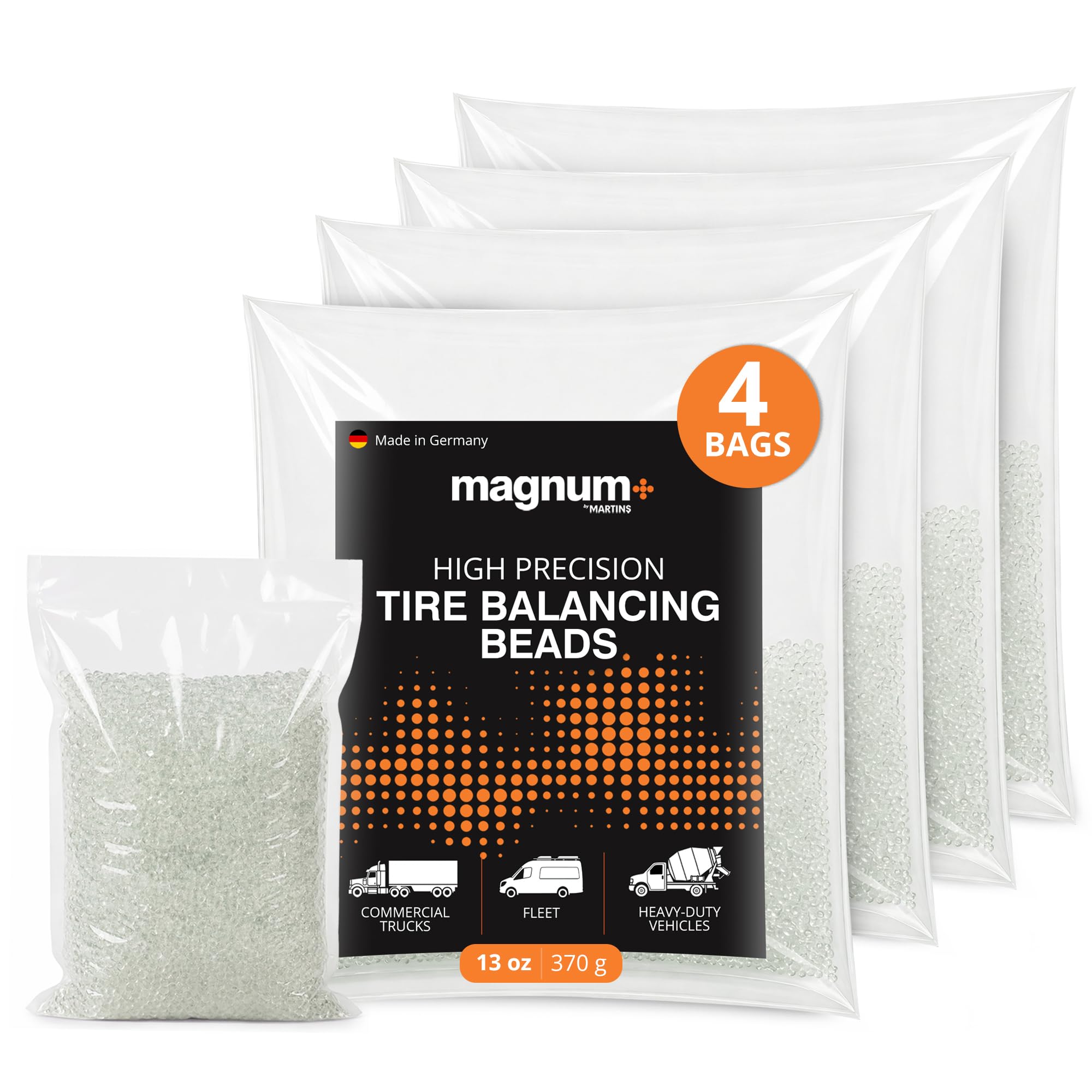 magnum+ Perline per bilanciamento pneumatici, in vetro temperato compatibile con TPMS, 4 sacchetti (370 g ciascuno)