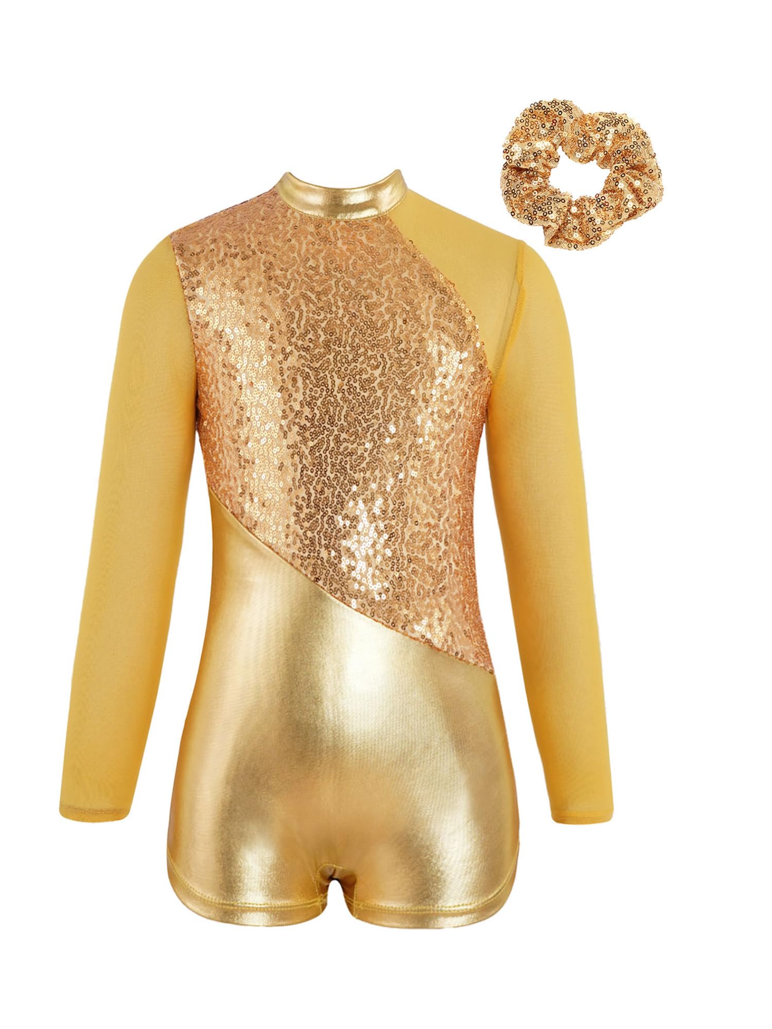 IEFIEL Mono Brillante de Danza para Niña Maillot Gimnasia Rítmica de Manga Larga con Diadema Leotardo Danza Maillot de Baile Latino Jazz 5-14 Años