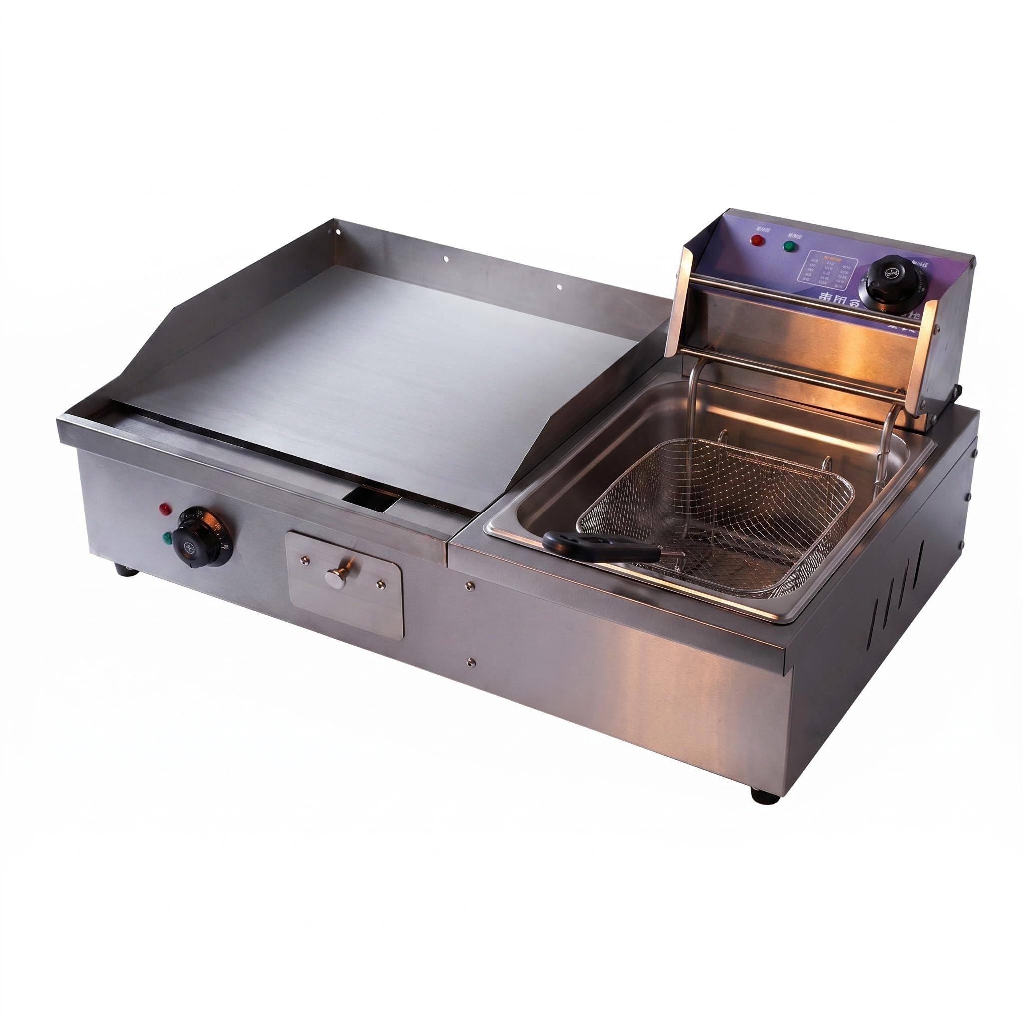 Combinato Piastra Griglia e Friggitrice Elettrica 2 in 1 Professionale, Piastra Maciza Inox 8mm Doppio Termostato Indipendente, Attrezzatura Alimentare per Chiosco Ambulante Feste in Giardino