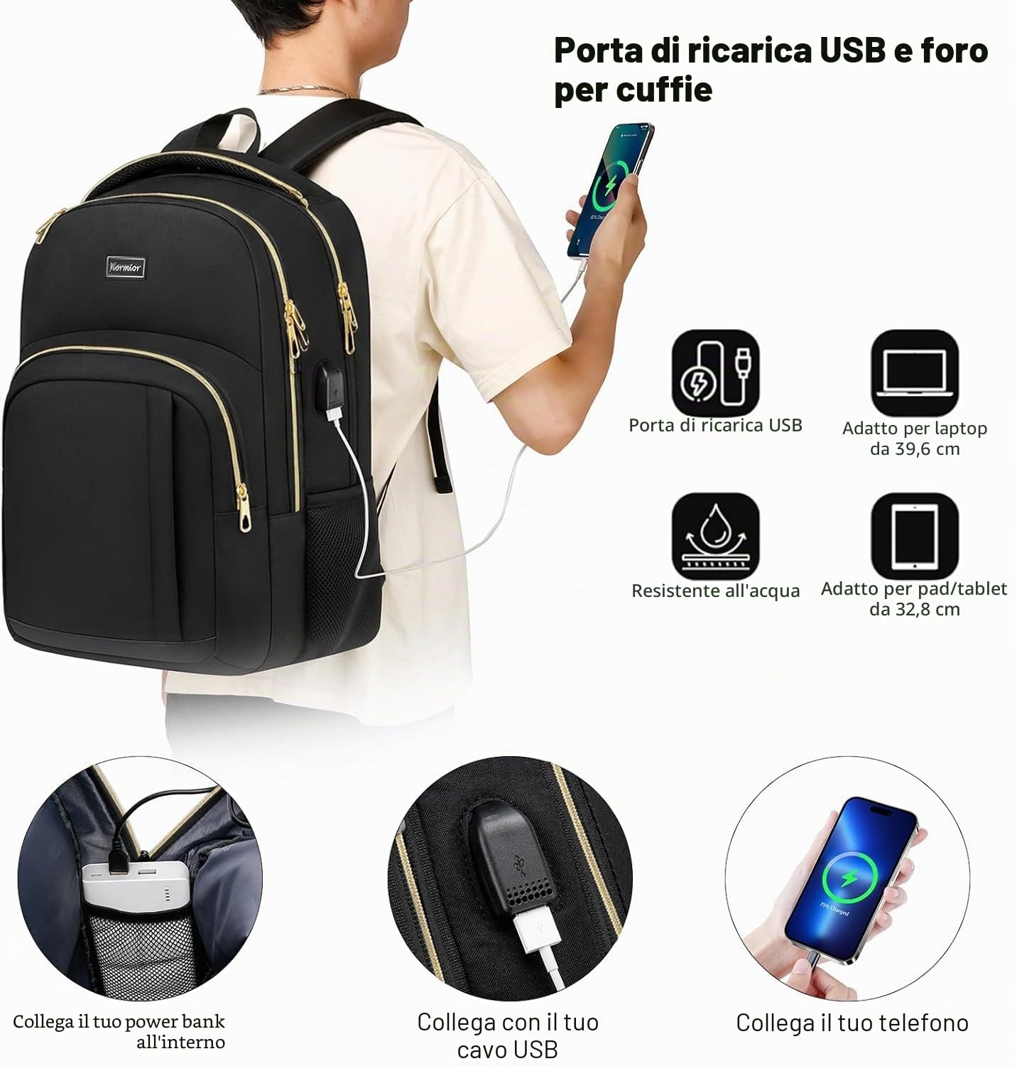 Zaino da scuola per laptop da 15,6", impermeabile, con porta di ricarica USB, oro nero, 15,6 zoll