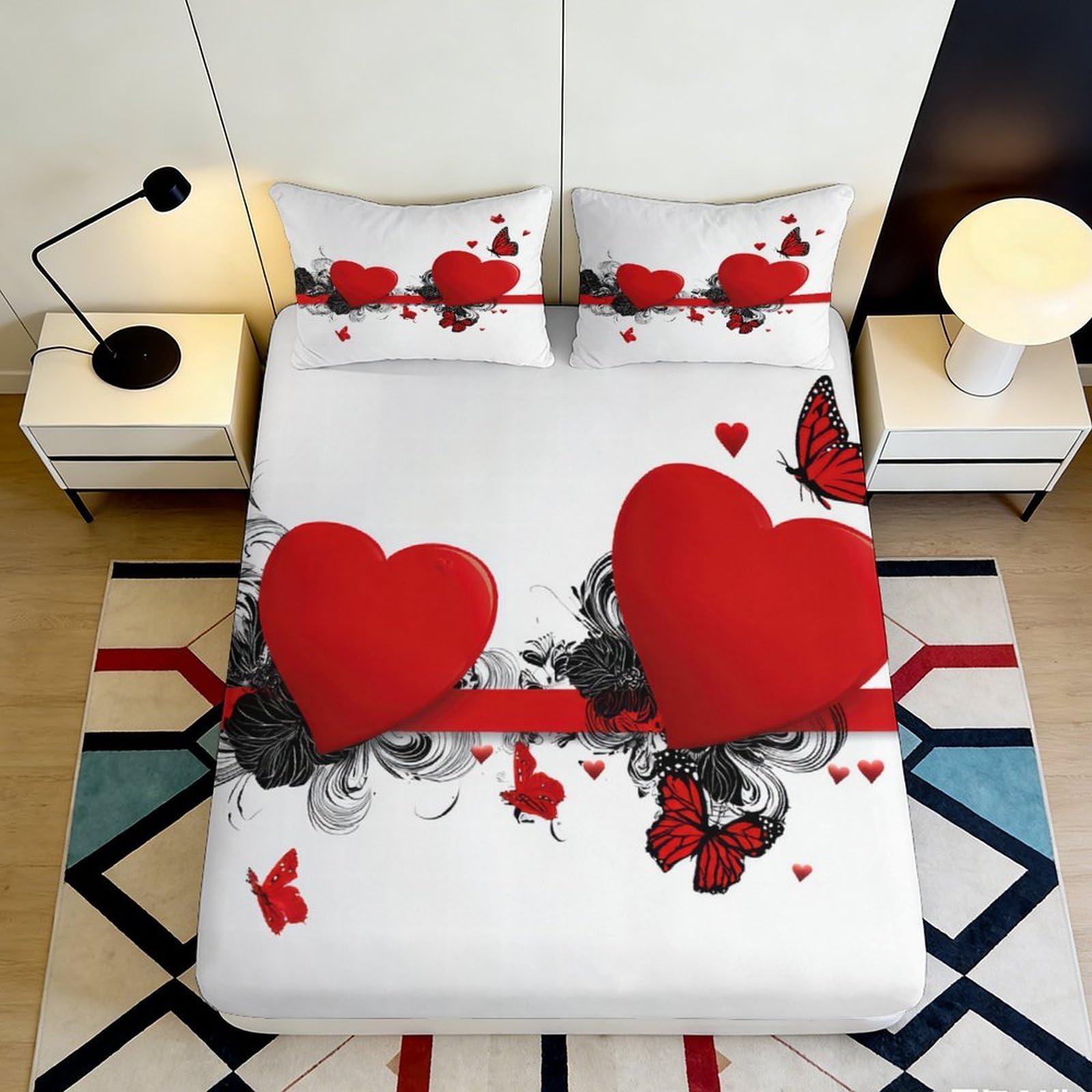 Jqzkxnhpbr Style-2 3D Printed Red Heart Butterfly Fitted Sheet Microfiber Black Floral Bed Cover For Bedroom Guestroom Mattress Decor 90X200x25cm