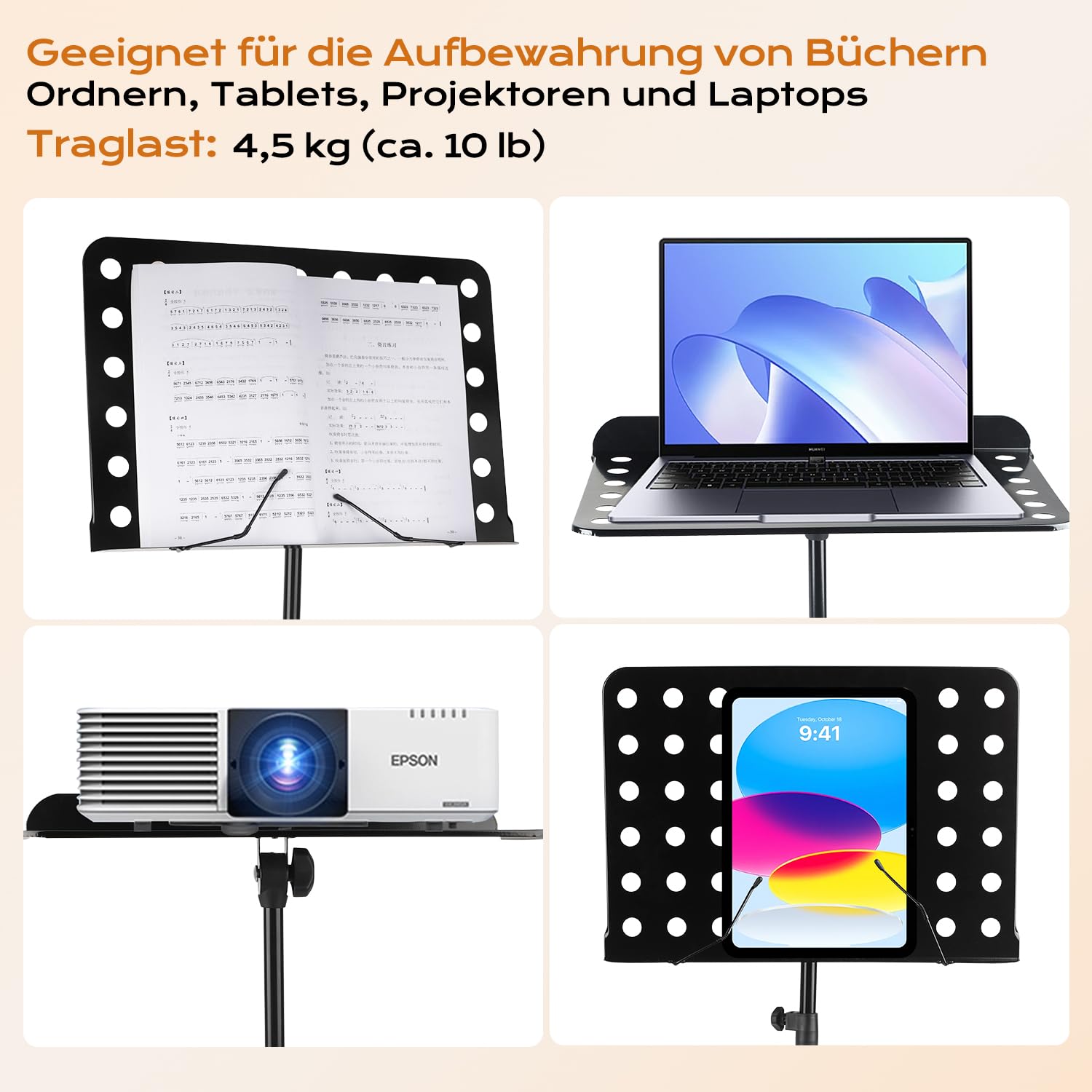 Orchesterpult Lochblech Notenständer Stabiler faltbar, höhenverstellbar von 70cm bis 160cm Metall-Ständer, Notenpult für dicke Bücher, Tablets und Notenblätter mit Notenklemmen und Ablage, Schwarz