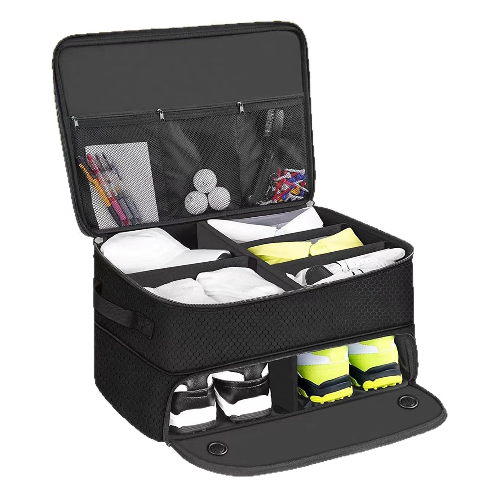 Solución de almacenamiento para golfistas con compartimento expandible que mantiene los equipos deportivos ordenados, gran capacidad para todos los accesorios esenciales de golf y organizadores