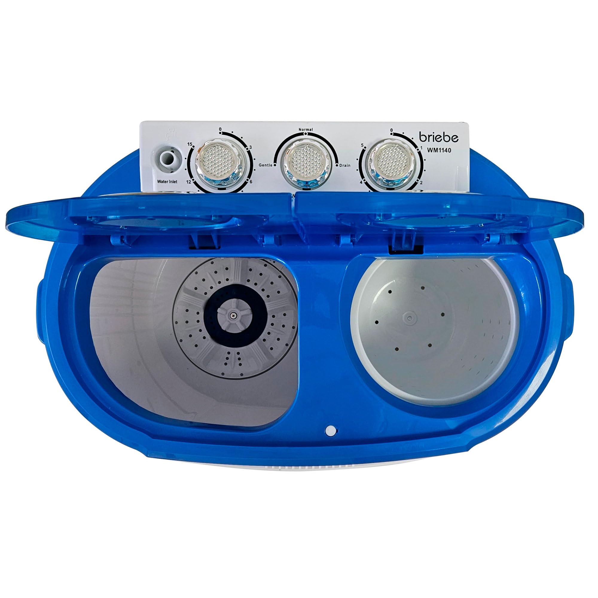 briebe Camp - Mini Lavatrice Portatile con Centrifuga, Campeggio, Capacità 3 kg, Ideale per Viaggi, Roulotte, Camper, 2 Scomparti, Caricamento dall'alto, Nessuna installazione, Blu/Bianco