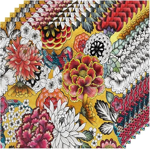 Juego de 6 servilletas de tela de carpa de peonías, crisantemos y dalias, lavables, reutilizables, para el hogar, fiestas, bodas y cenas, Acción de