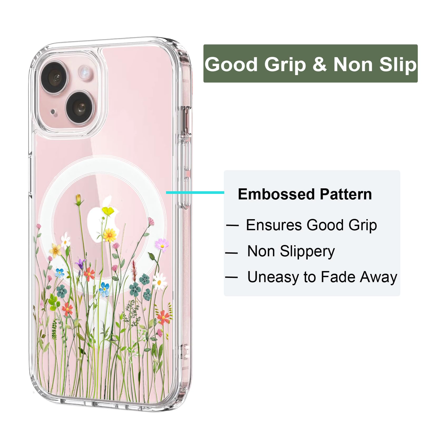Unov Case Compatible with iPhone 14 iPhone 13 Case Magnetic Clear with Design Compatible with MagSafe Slim Protective Soft TPU Bumper with Hard PC Back Embossed Pattern (Flower Bouquet) - Image 4