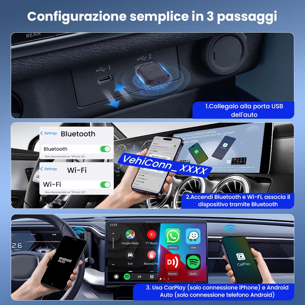 CarlinKit Adattatore auto wireless CarPlay e Android 2026, aggiorna la connessione cablata a wireless, Plug & Play con USB-A/Type-C, funziona con iPhone iOS 10+ e Android 11.0+