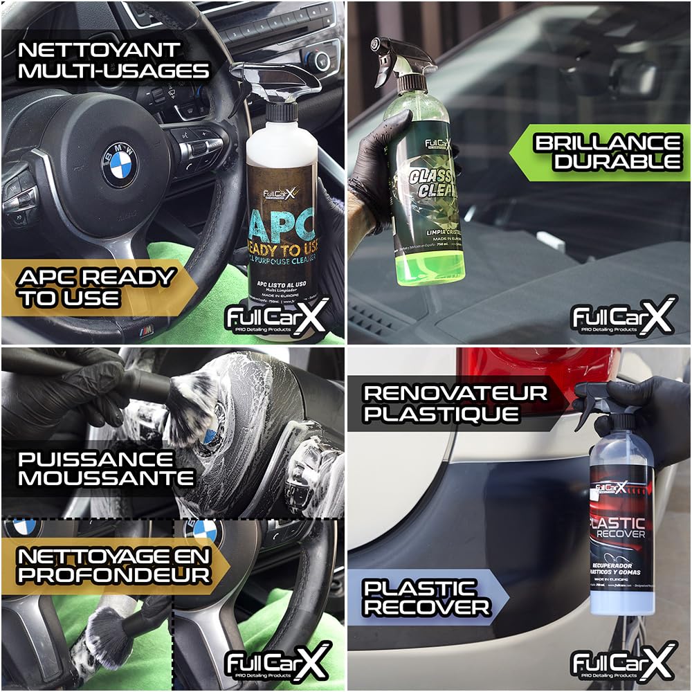 FULLCARX Kit Nettoyage Voiture Extérieur Intérieur Detailing, Nettoyant Jantes, Tissu Cuir, Rénovateur Plastique Tableau de Bord, Shampoing PH Neutre et Alcaline Rose, Cire Carnauba, APC, Vitre Lavage