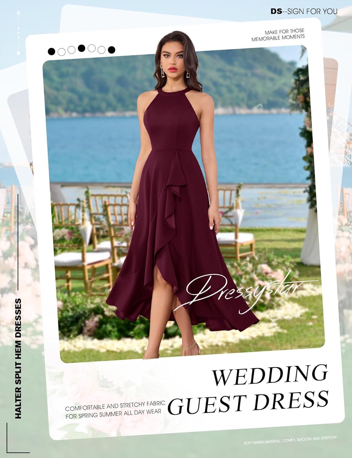 Dressystar Womens 2026 Halter Slit Ruffle Wedding Guest Party Dress Elegant Maxi Long Sleeveless Formal Prom Cocktail Dresses - Image 2