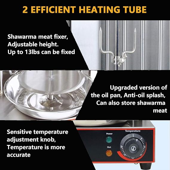 Vertical Shawarma Grill Machine, Electric Kebab Gyro Rotisserie Broiler with 2 Heating Tubes and Meat Catch Pan, Barbecue Stove Cutter
