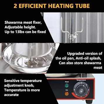 Vertical Shawarma Grill Machine, Electric Kebab Gyro Rotisserie Broiler with 2 Heating Tubes and Meat Catch Pan, Barbecue Stove Cutter