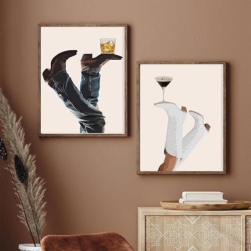 Miniatura 4 de Arte de pared de botas de vaquera, arte de pared vintage del oeste, carrito de cóctel, juego de 2 pósteres retro de moda, fotos preppy de Martini