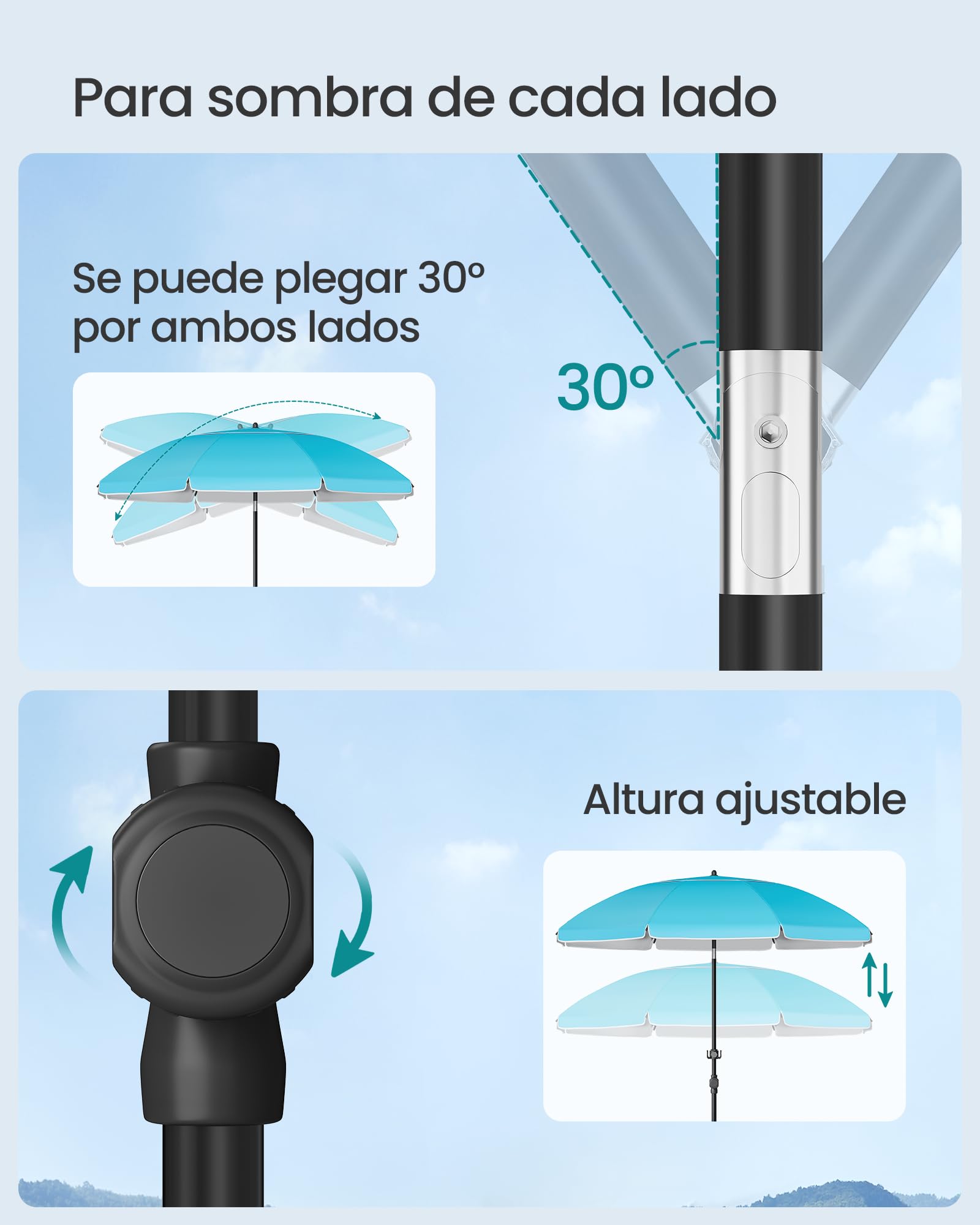 SONGMICS Sombrilla 160 cm, Sombrilla de Playa, Protección Solar UPF 50+, Plegable por Ambos Lados 30°, Estante, Regulable en Altura, Gancho, para Playa, Jardín, sin Soporte, Azul GPU0080Q01