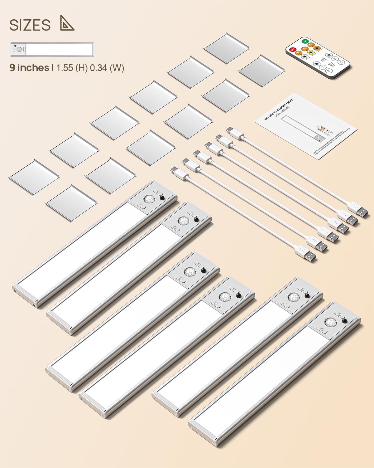 Unterschrankbeleuchtung mit Fernbedienung, wiederaufladbar über USB, 180 Lumen, Bewegungsmelder-Licht für den Innenbereich, magnetisch, kabellos, 3 Farben, dimmbar, Schrankleuchten für Küche