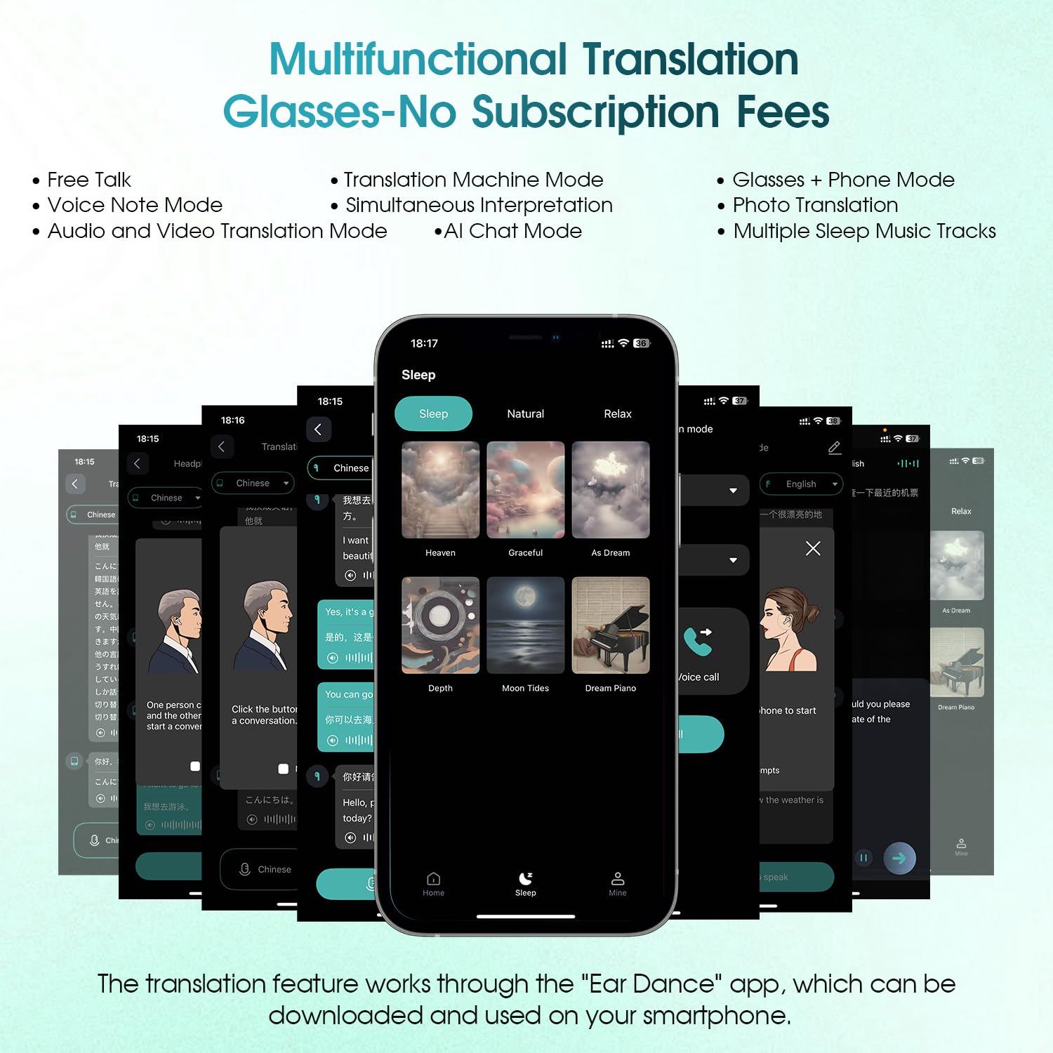 Occhiali intelligenti AI per uomini e donne, supporta oltre 160 lingue, traduzione in tempo reale tramite app, design audio open ear, lenti fotocromatiche, Bluetooth 6.0, occhiali da traduzione per