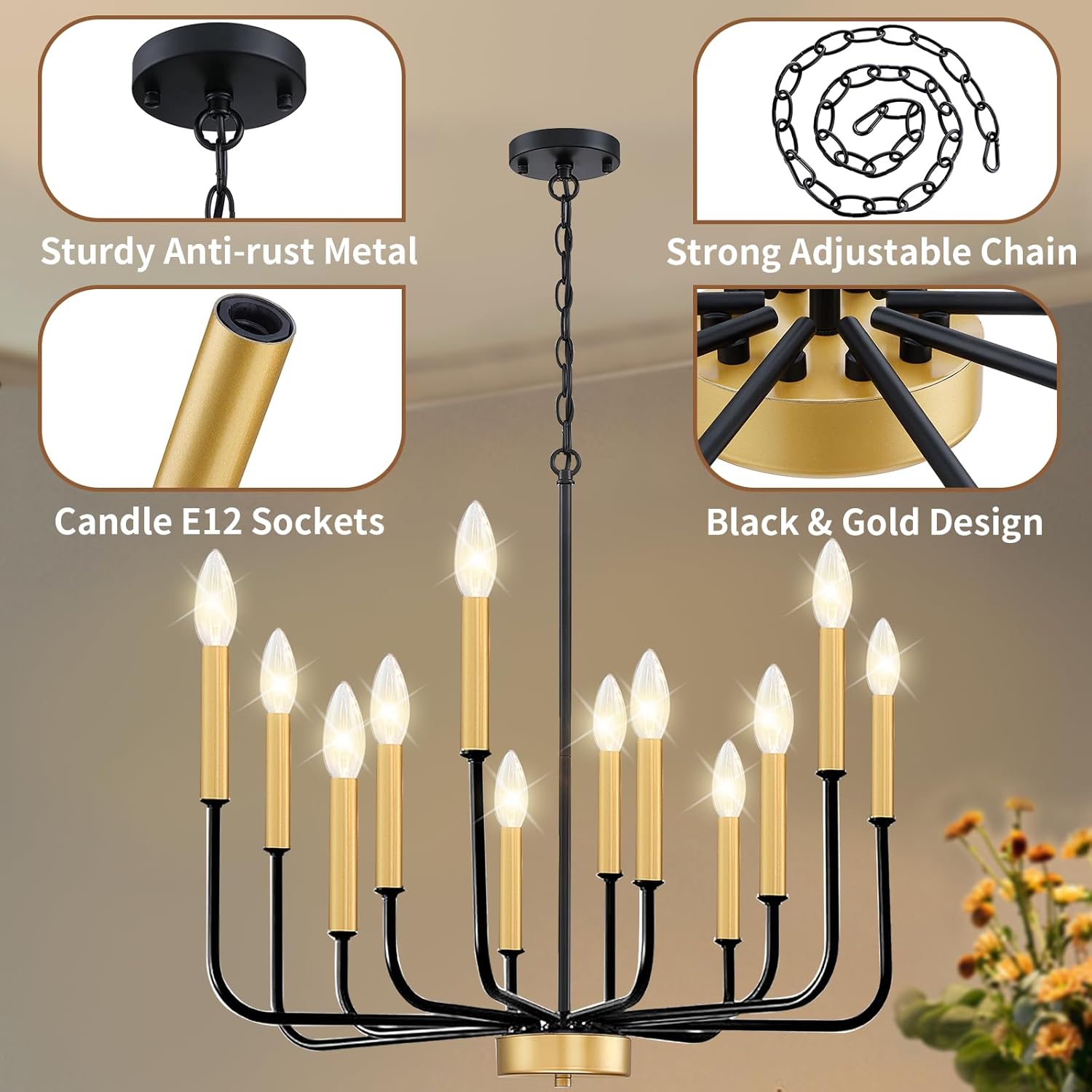 VUAA 12 Light Farmhouse Chandelier for Dining Room Lighting Fixtures Hanging, Dining Light Fixtures Industrial Modern Chandelier for Bedroom, Foyer, Hall, Kitchen, Living Room and Entryway