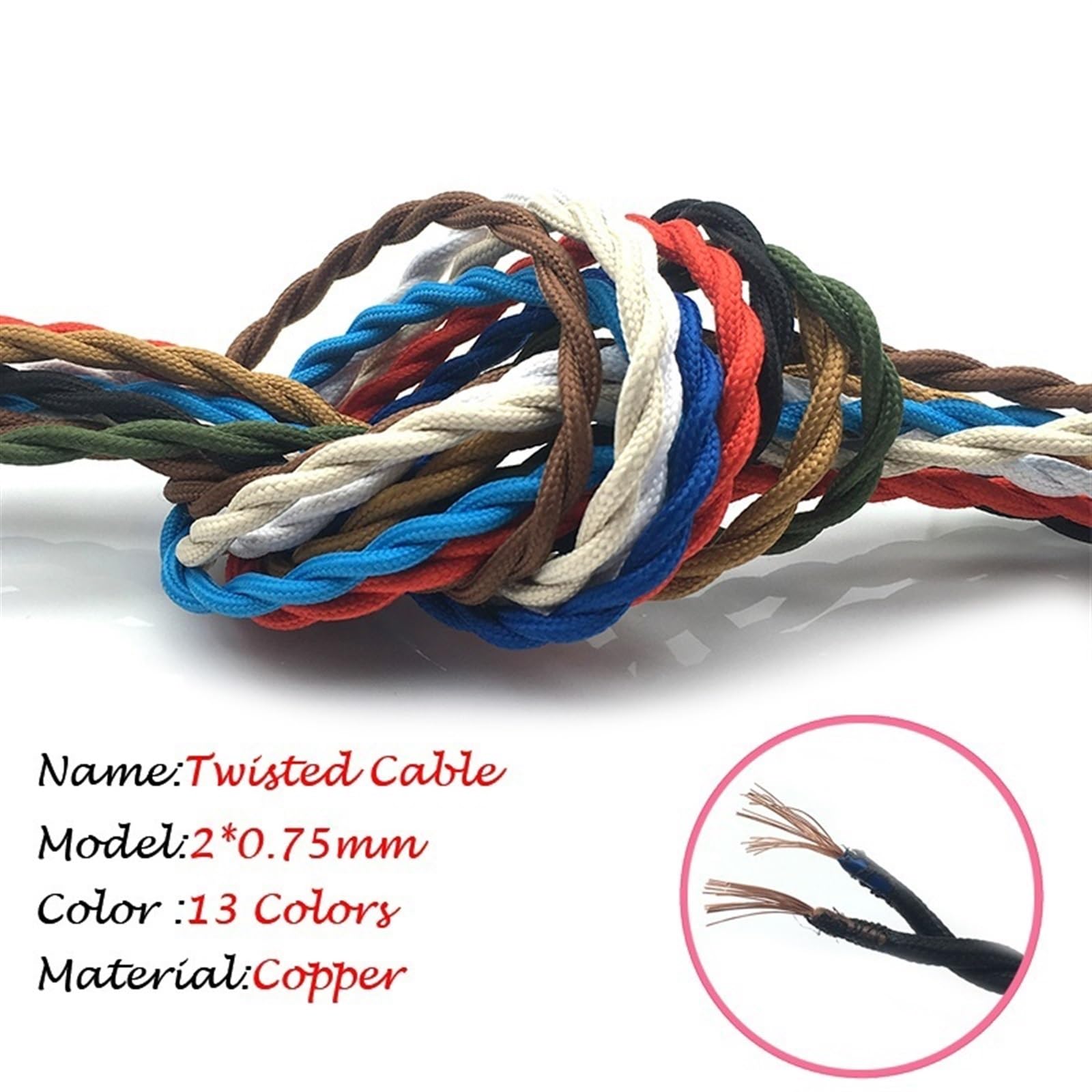 przewody, 5 metrów 2 x 0,75 mm bawełniany oplot przemysłowy kabel do lamp pokryty tkaniną elektryczną(Golden)