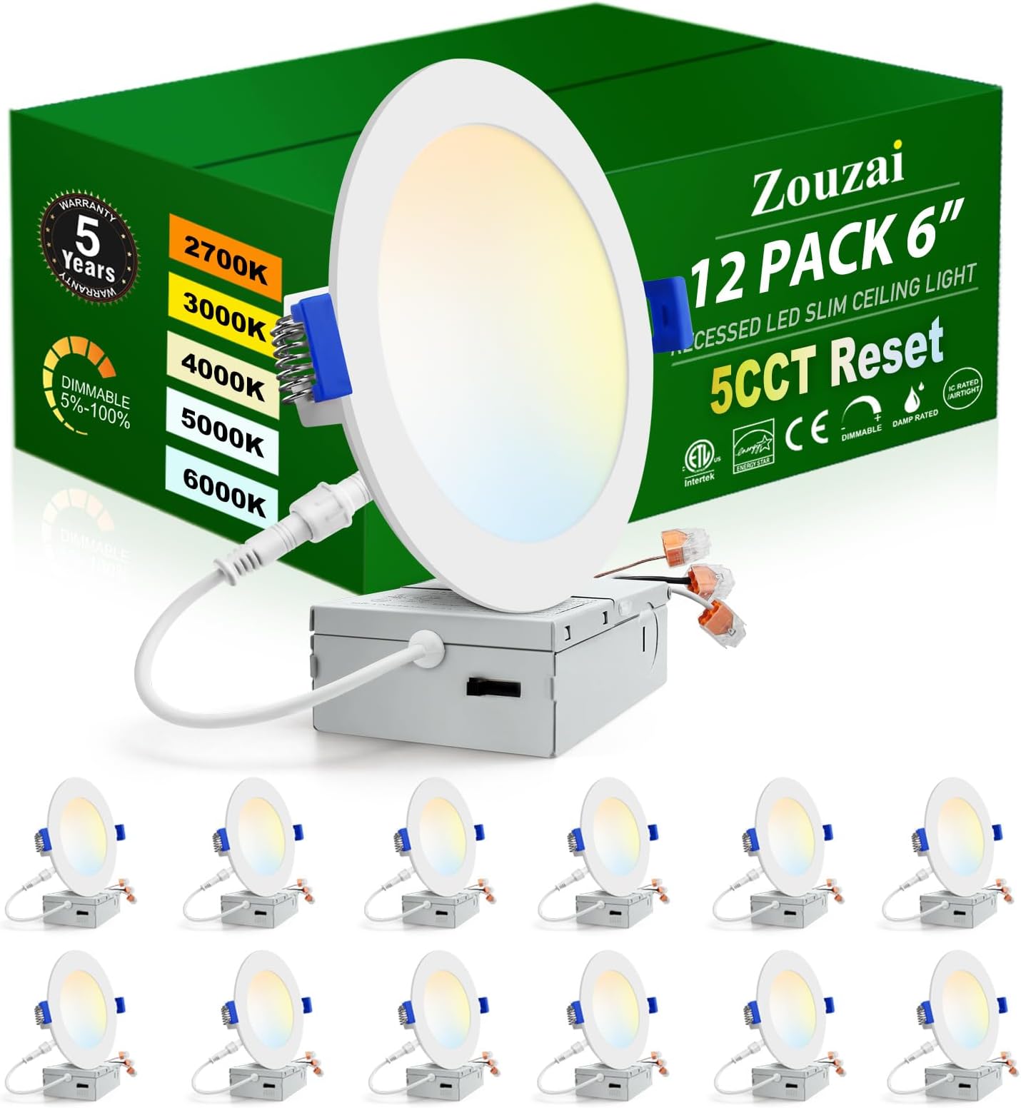 zouzai 12 Pack 6 Inch 6000k/5000k/4000k/3000k/2700k 5CCT Selectable Ultra-Thin LED Recessed Ceiling Light with Junction Box,12W Eqv 110W,Dimmable, led can Lights- ETL and Energy Star Certified
