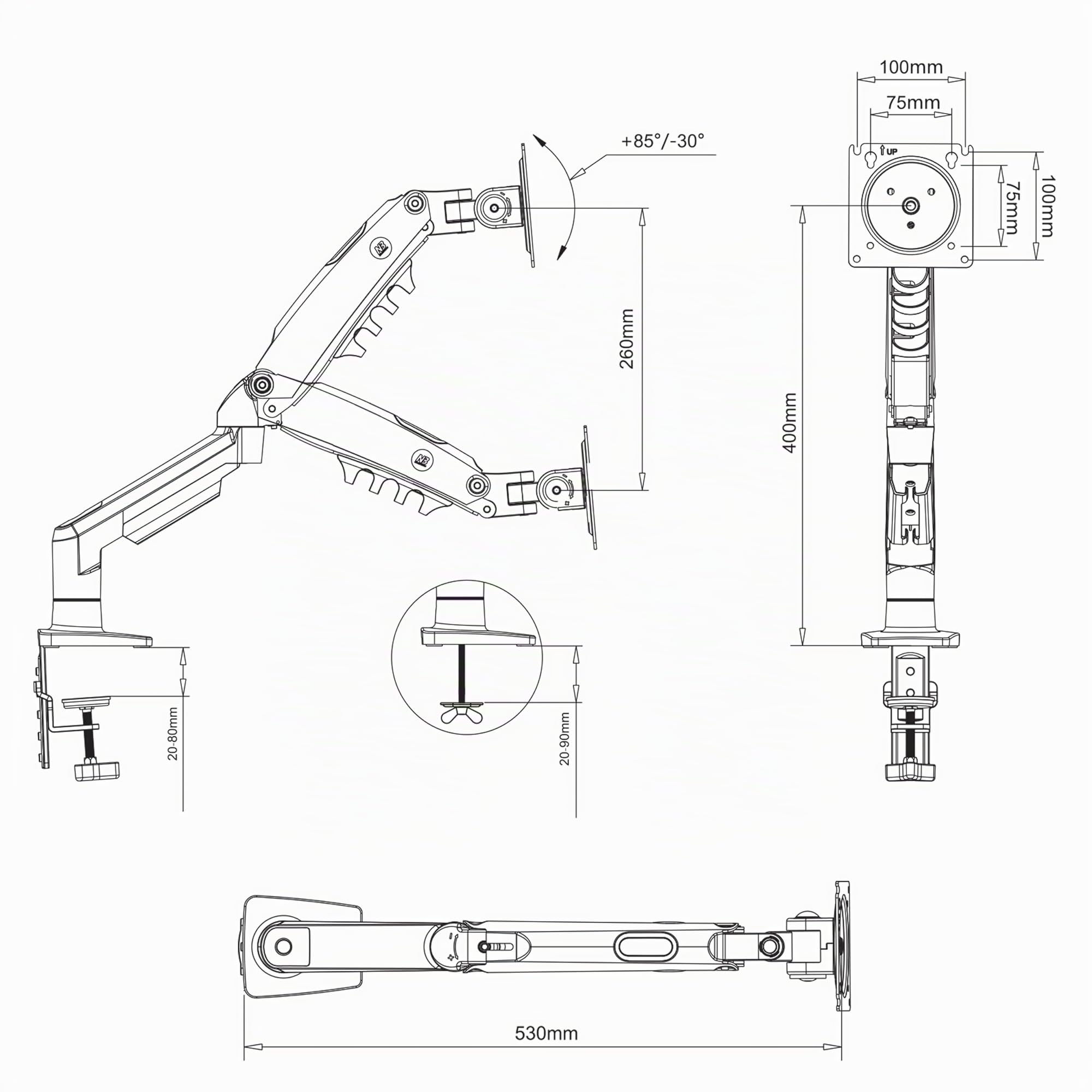 Supporto da scrivania con molla a gas per schermi LCD 17″-32″, bianco, VESA 75 mm e 100 mm, rotazione a 360° con peso da 2 a 9 kg