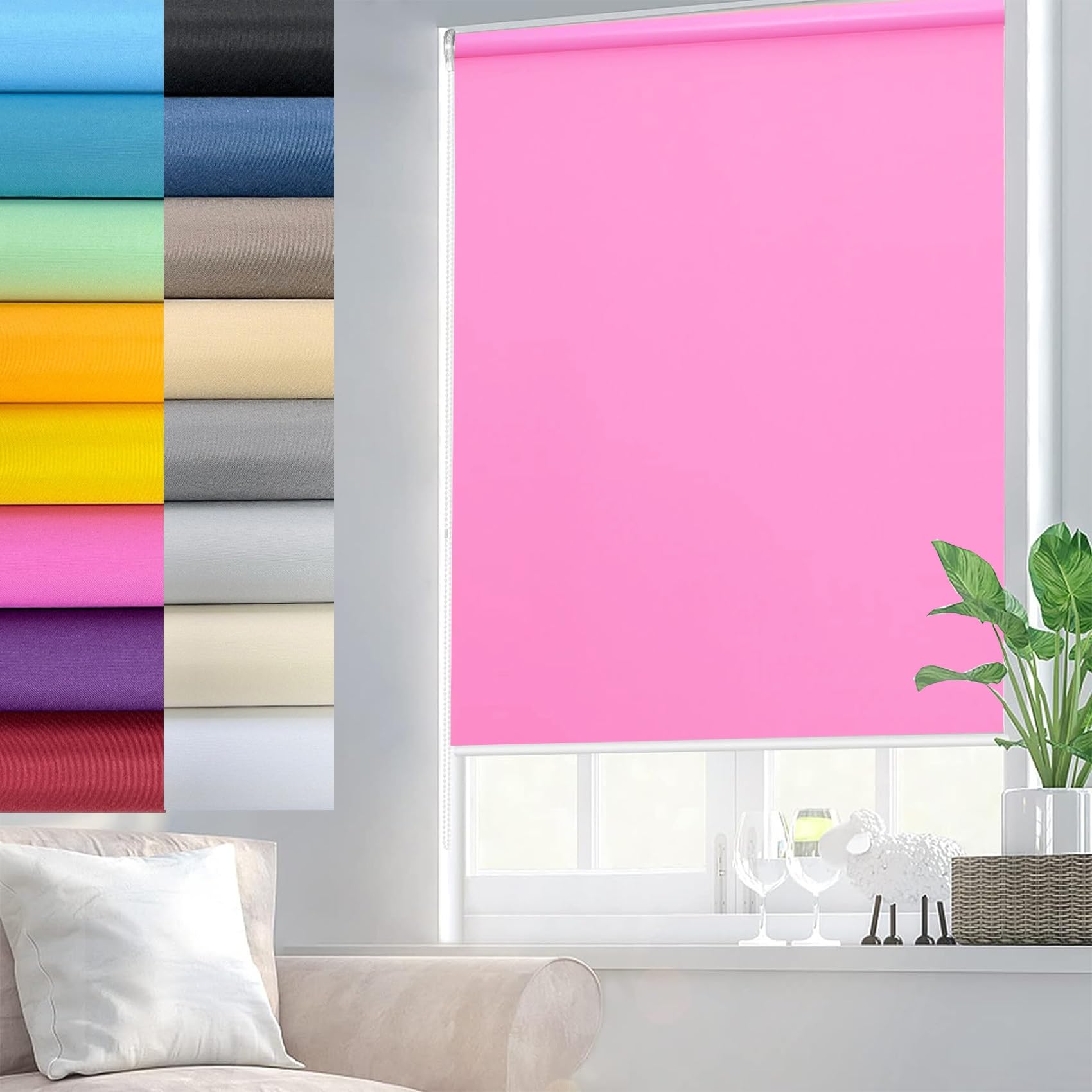 Roller Blinds Roller Blind 110 x 230 cm Adjustable and Lightweight, No Drilling Required Balcony Window with Beaded Chain for Window and Door, Pink — image 1