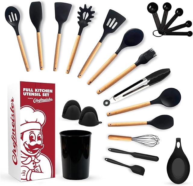 Chefmeister Kitchen Utensil Set 23 Pieces, Non-Stick Heat Resistant, Silicone Spatulas for Cooking, Bamboo Utensils with FDA Grade Silicone (Black)