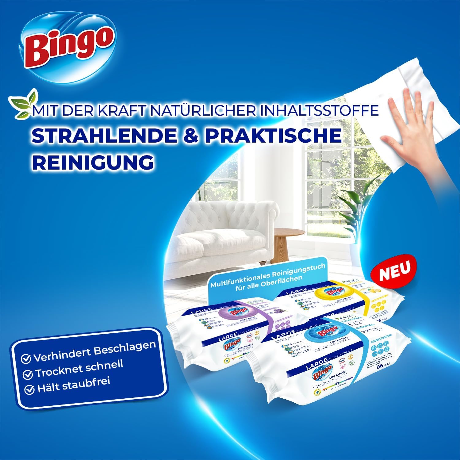 Bingo Reinigungs Streifenfrei Oberflächenreinigungstücher Glas & Oberflächen, Abdeckung Staubreiniger – Schnell trocknend (6, Lavendel)