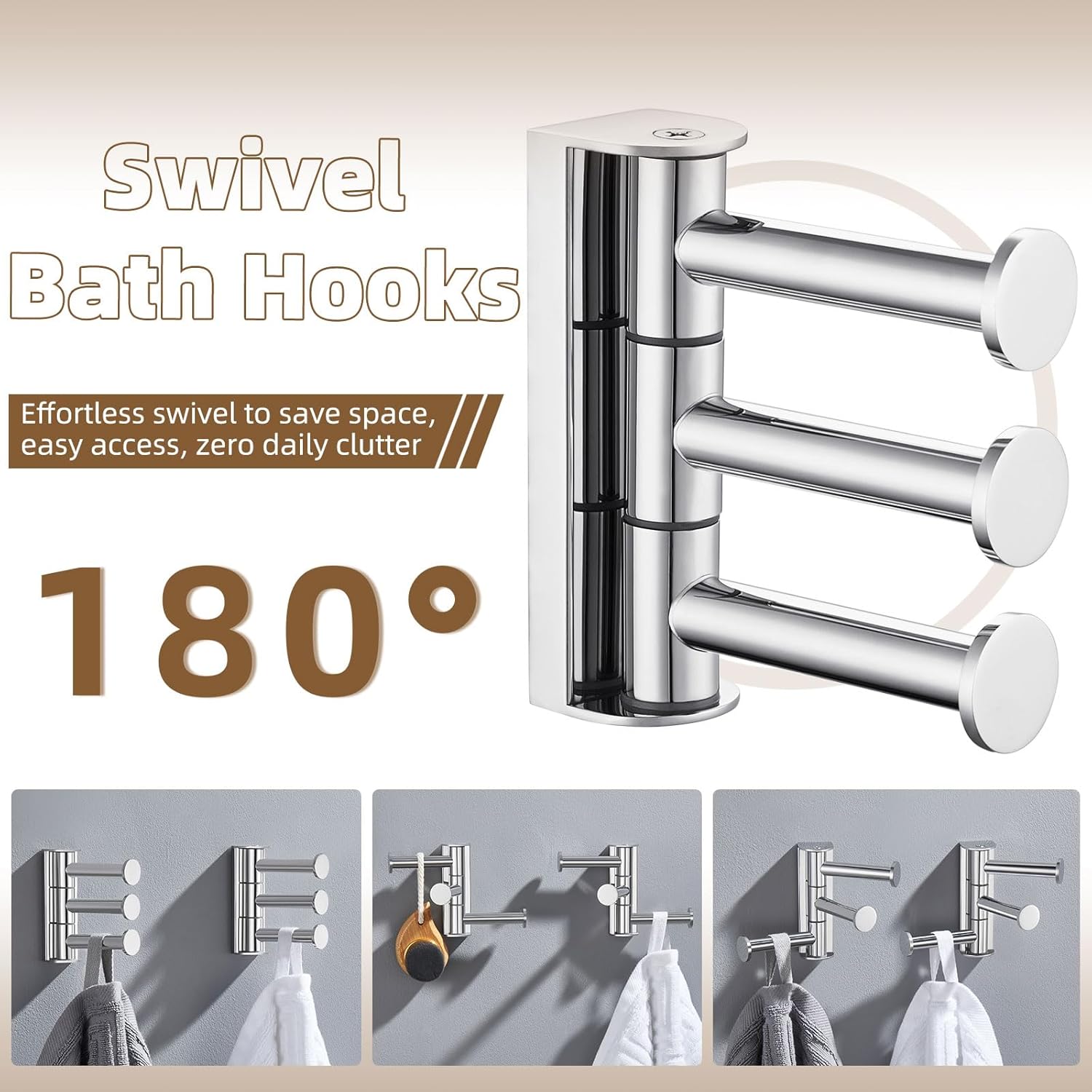 APLusee Swivel Towel Hooks Polished Chrome, 304 Stainless Steel 3 Arms Foldable Bathroom Robe Towel Hook, Shower Coat Hook, Wall Kitchen Holder, 2 Pack