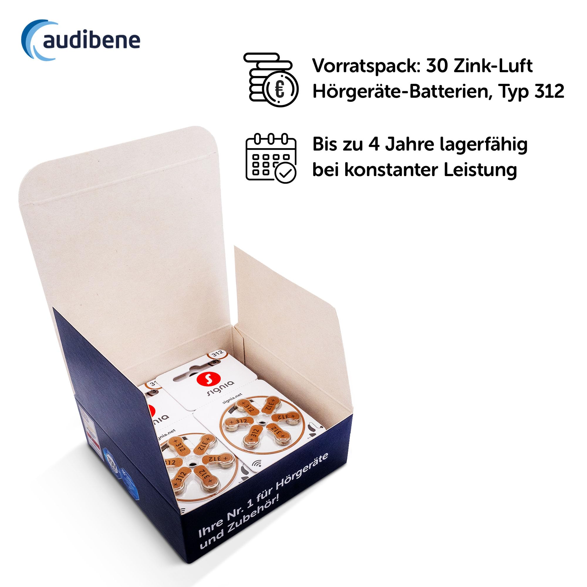 Siemens-Signia Hörgerätebatterien Typ 312 Braun, Batterien für Hörgeräte 120 Stück Vorratspack, Made in Germany, Wireless Approved, quecksilberfrei