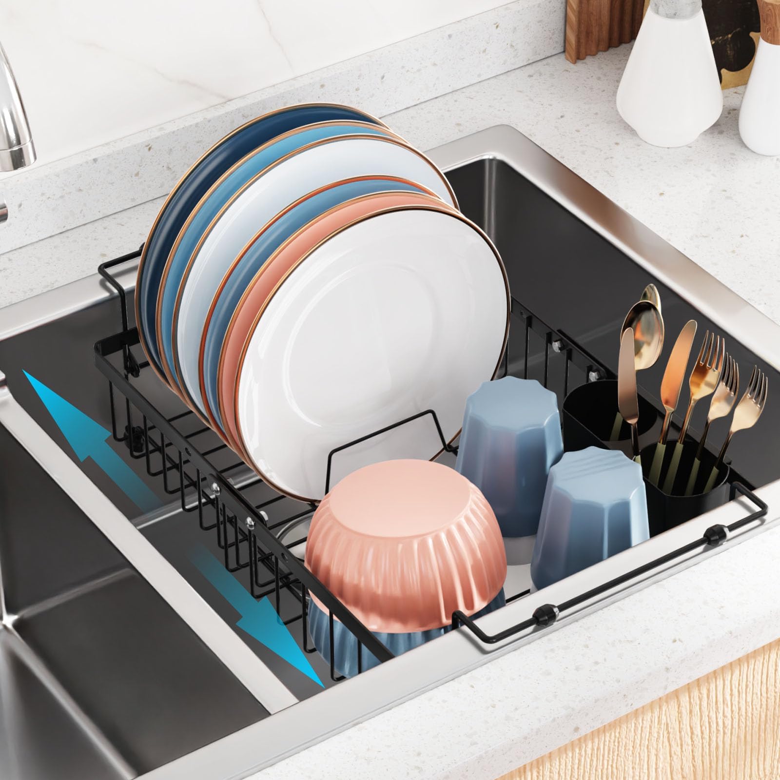 iSPECLE Expandable in Sink Dish Drying Rack - Adjustable Capacity (12.4''-17.1''L) Over The Sink Dish Drainer Drying Rack for Kitchen Counter and Sink, Dish Rack with Utensil Holder, Black