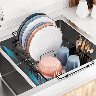 iSPECLE Sink Dish Drying Rack - 3 Sizes Adjustable Dish Rack(13.5'',15.3'',17'') - Over Sink Drying Rack, in Sink or on Counter Dish Drainer with Removable Cutlery Holder Large Capacity, Black