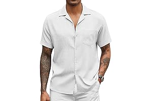 Men's Casual Short Sleeve Button Down Shirts Cuban Linen Textured Shirt Summer Beach Wear