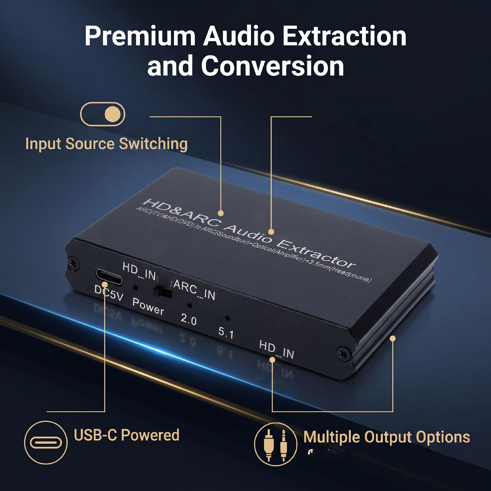 Sxhlseller Extractor de Audio 4K 60Hz HDMI ARC con óptico y 3,5 Mm para TV | Muestreo de 192 kHz, carcasa de aleación de aluminio, alimentación tipo C, control remoto de volumen del televisor, modo de