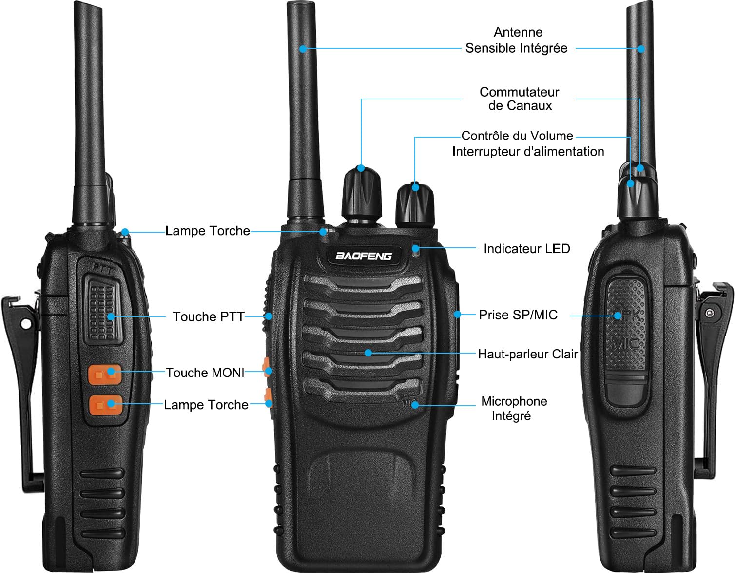 Baofeng Talkie Walkie Longue portée Rechargeable Professionnelle 16 Canaux PMR Talkies-Walkies Radio，avec oreillette, USB Chargeur, Batterie（1 Paire）