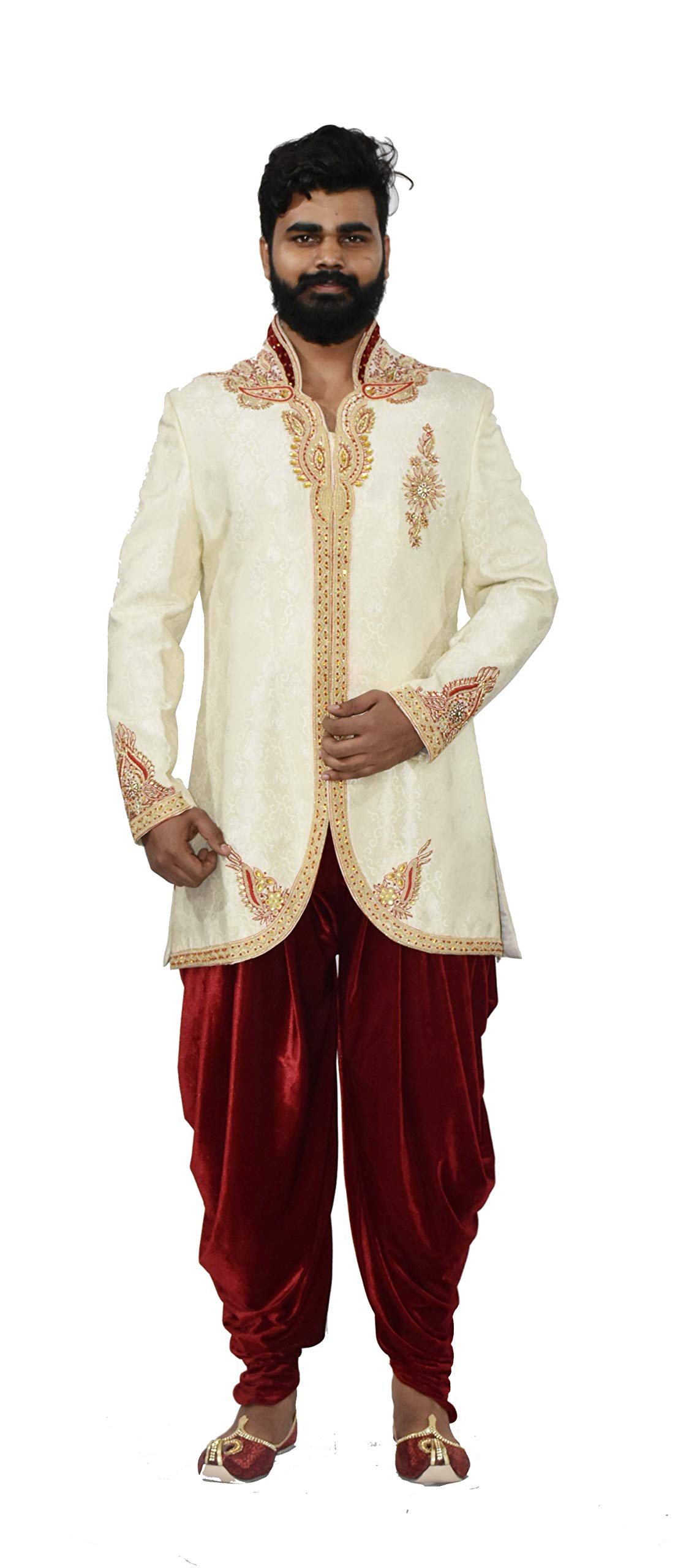 Men's Cream Embroidery Indowestern with Maroon Heram-image-19