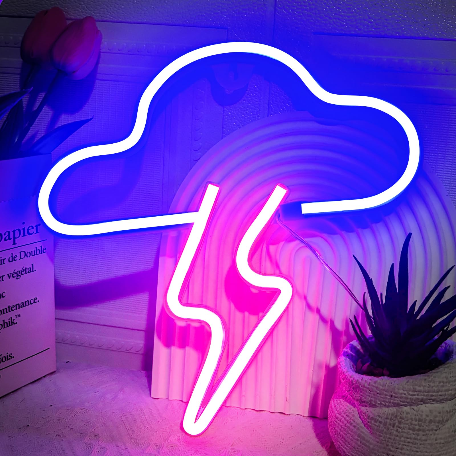Cloud Neon Sign, Lightning Neon Lights, LED Light Signs for Wall Decor, Battery or USB Powered Decorative Wall Signs Lights for Bedroom,Party,Birthday Gift (Blue+Pink Lightning)