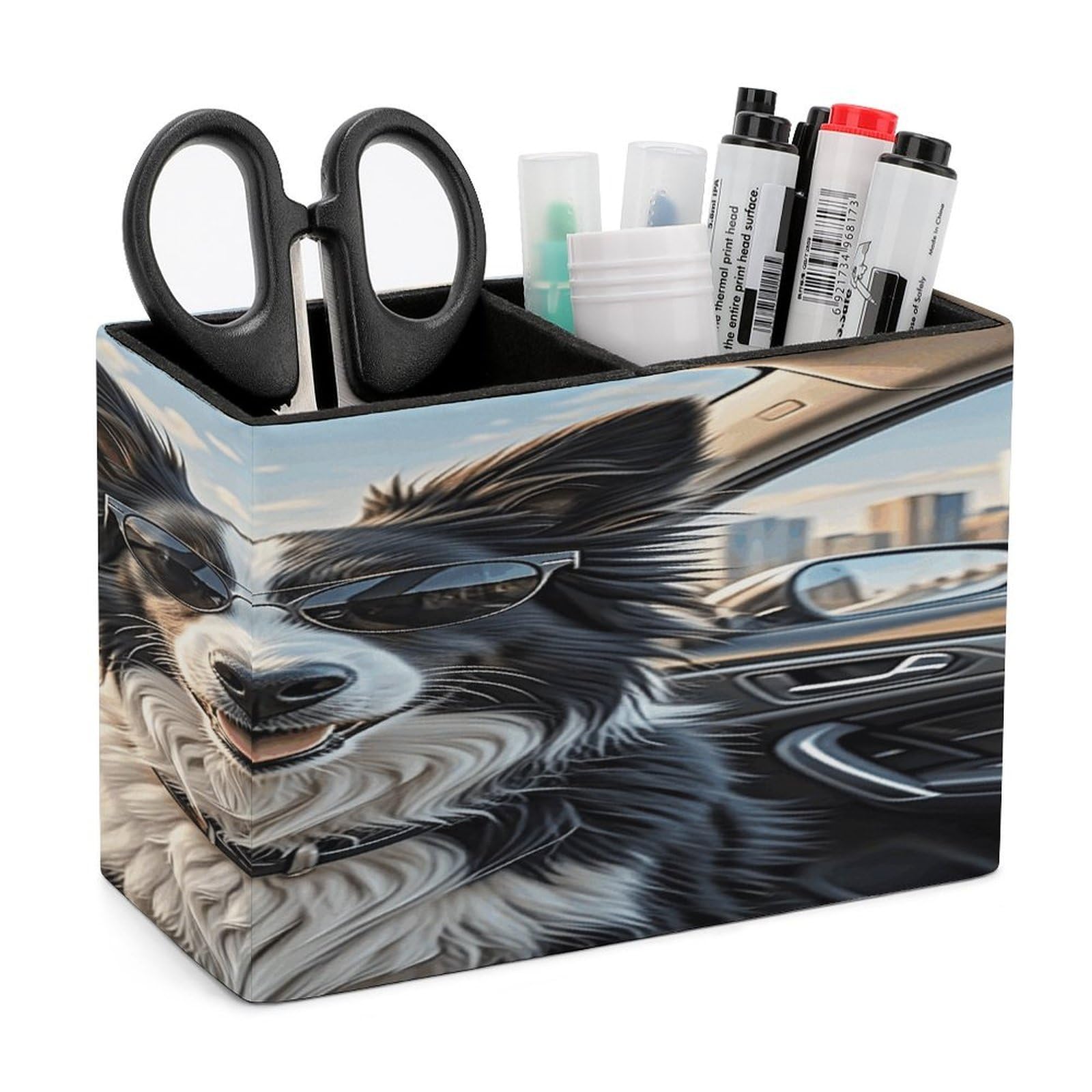 VstaDank Border Collie Dog Pencil Holder for Desk Organizer 2 Compartments Pen Cup Leather Square Pen Holder Pencil Cup Stand Makeup Brush Holders for Desktop Organizer Storage Case