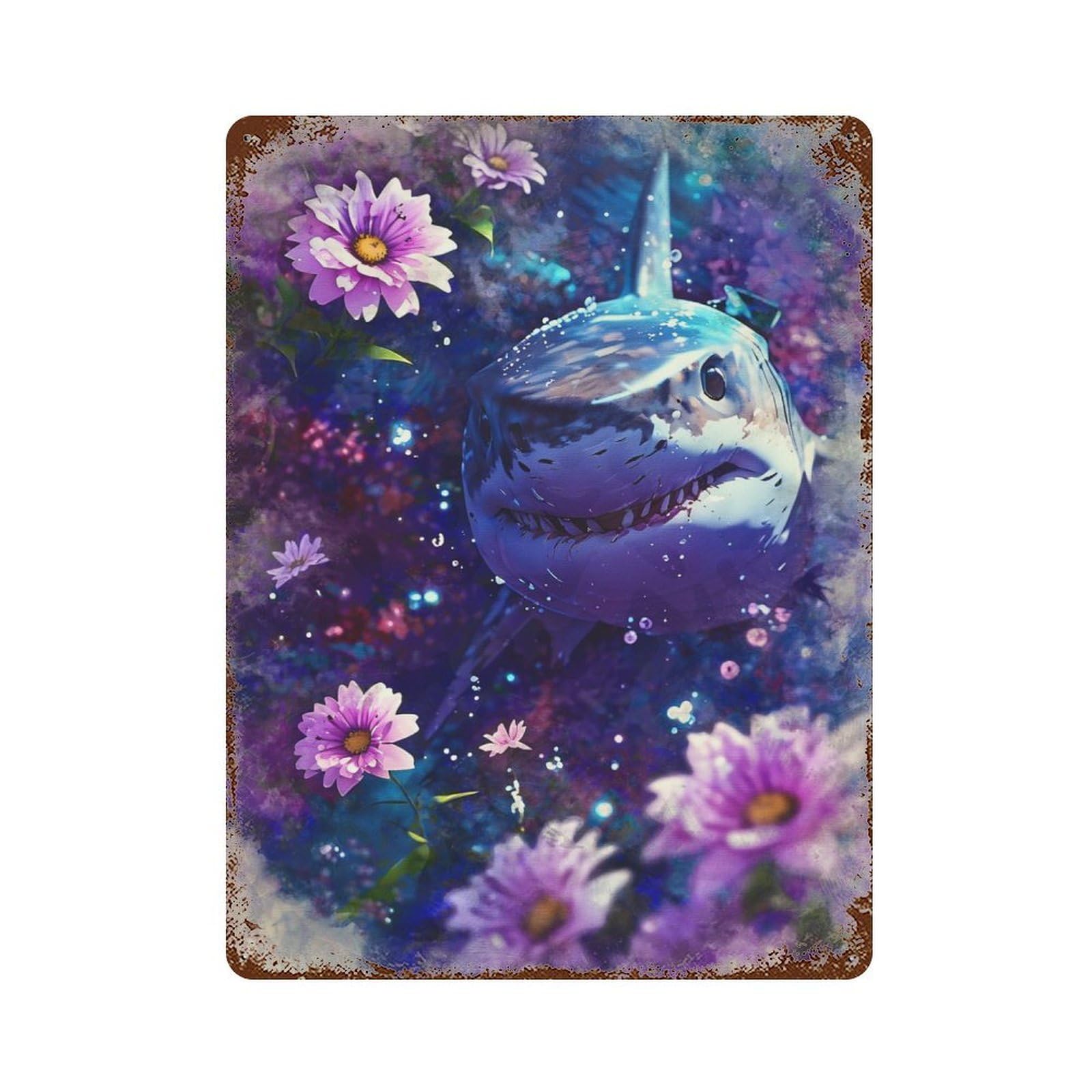 Shark in Bloom Distressed Metal Wall Sign 15.7"x11.8", Ideal for Garage, Bar And Workshop Decor