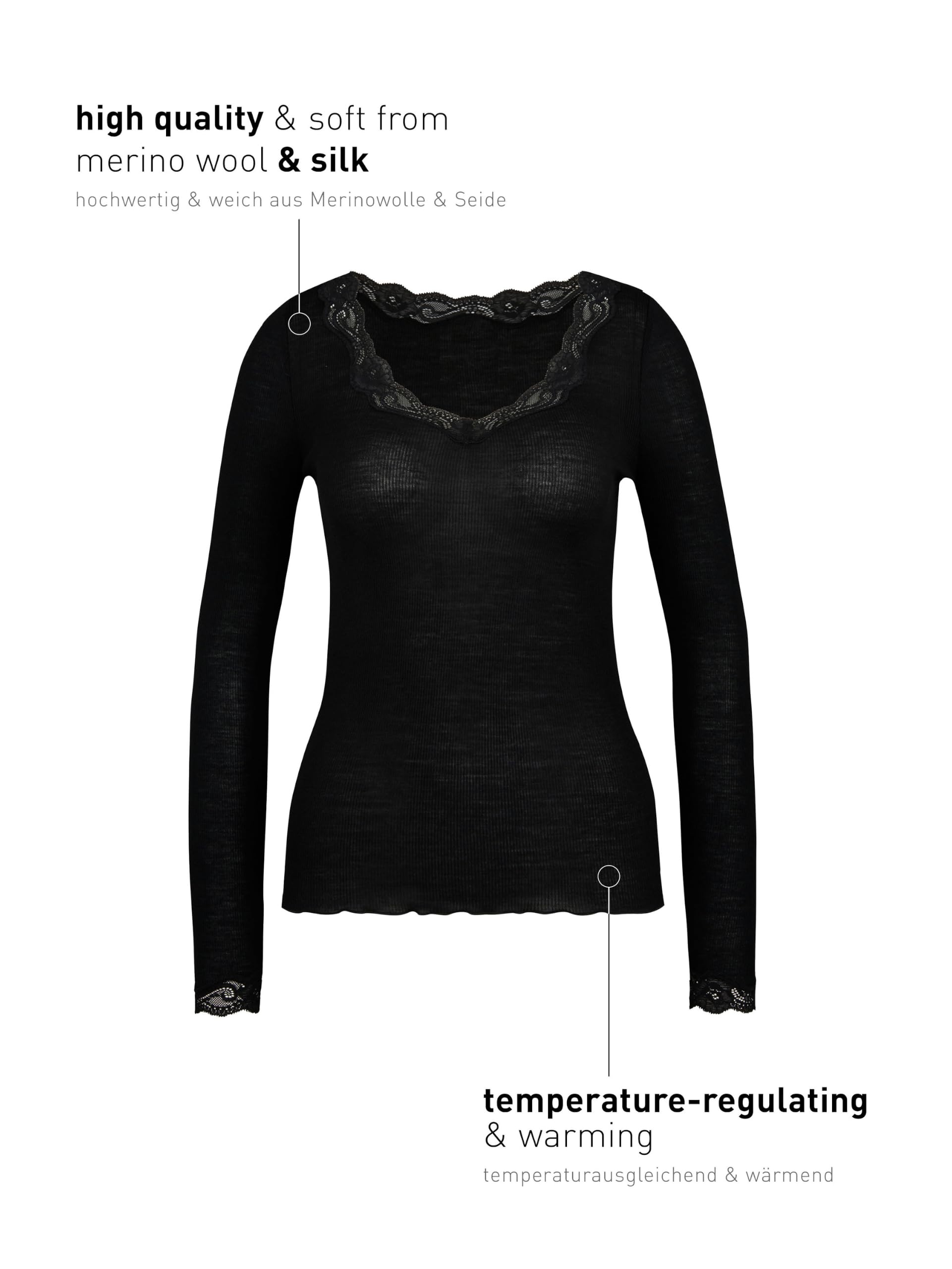 Calida Richesse Lace T-Shirt Manches Longues Laine & Soie Femme, en Laine Vierge et Soie, Fines côtes, thermorégulation et neutralisation des odeurs