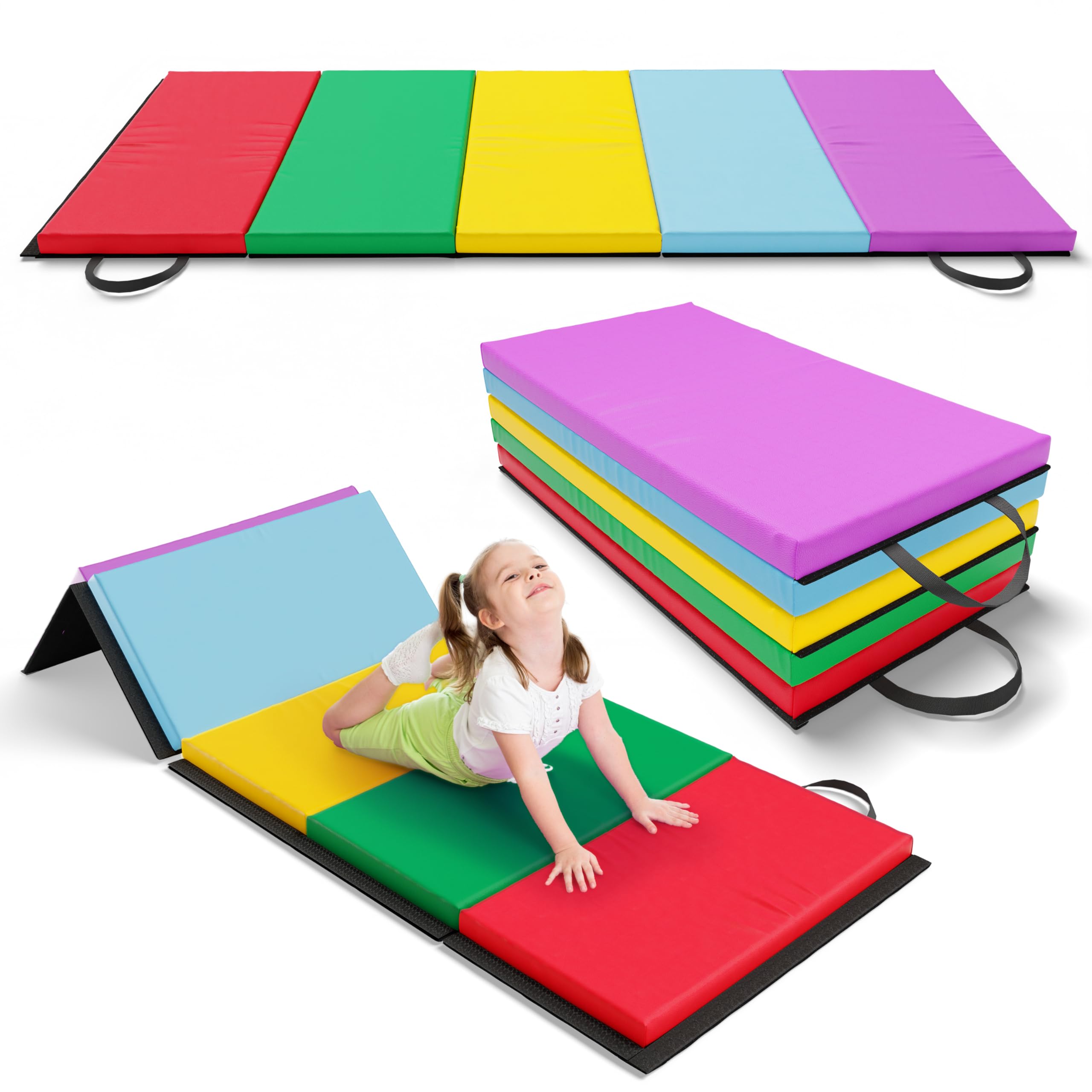 Rainbow Tumbling Mats for Kids Thick Folding Gymnastics Mats for Tumbling Foldable Exercise Mats with Carrying Handle Gym Mats for Home Stretching Yoga Mats