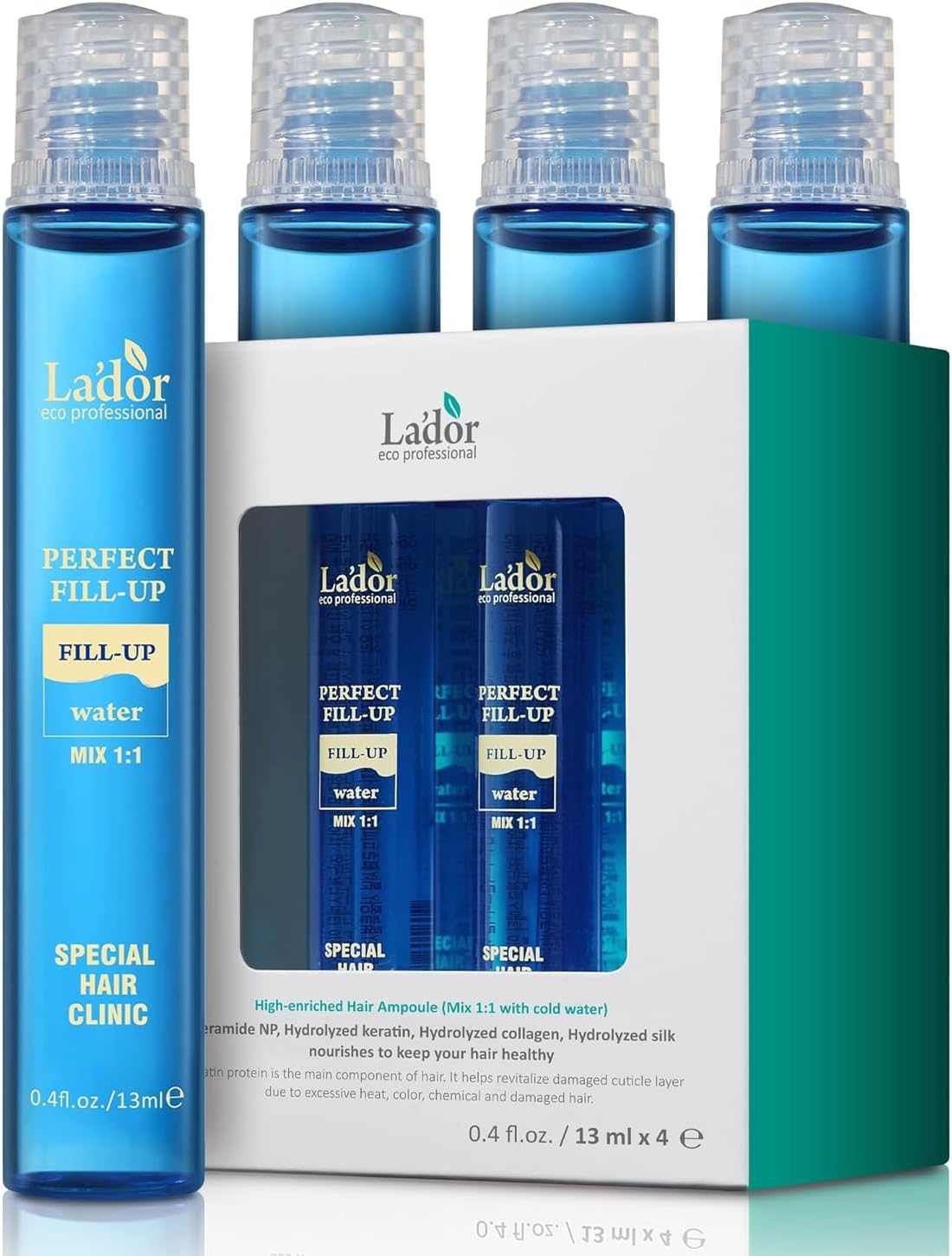 LADOR Perfect Hair Fill Up 3 Seconds Intensive Keratin Hair Mask Rinse Off Treatment for Bleached Frizzy Damaged Dry Hair, Deep Conditioner Protein Hair Care Korean Hair Ampoule (13ml - Pack of 4)