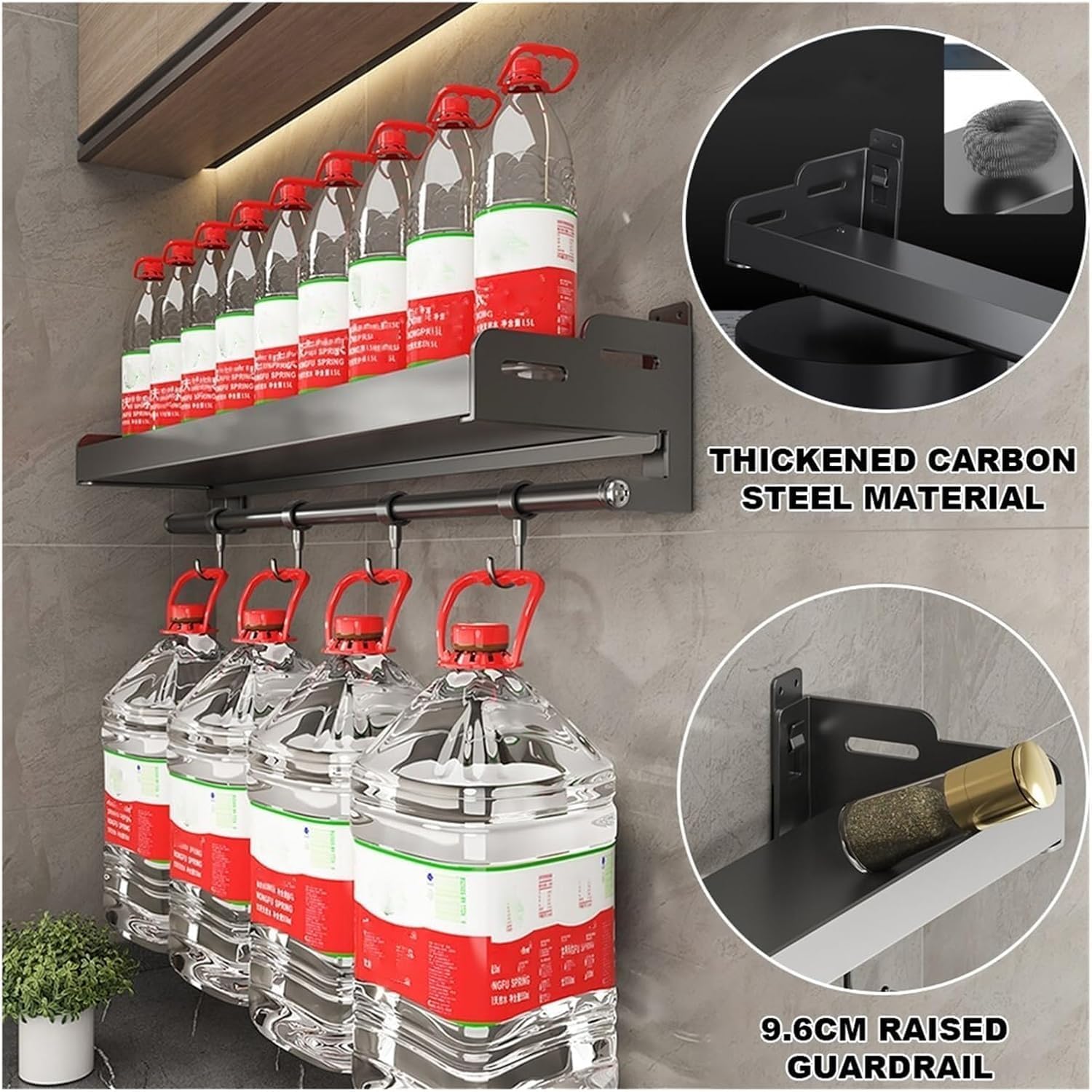 Kitchen Wall Shelf with Roll Holder and Hooks, Spice Rack, No Drilling, Stainless Steel Organizer for Hanging Spices and Utensils, 60cm, Shelf Organizer,60CM,B